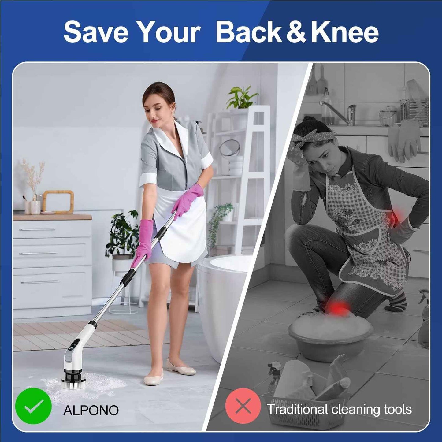 ALPONO Electric Spin Scrubber with Long Handle: Cordless Power Shower Scrubber - Spin Brush with 7 Brush Replacement Heads for Cleaning Bathroom,Tub, Tile, White, ALPONO-A11