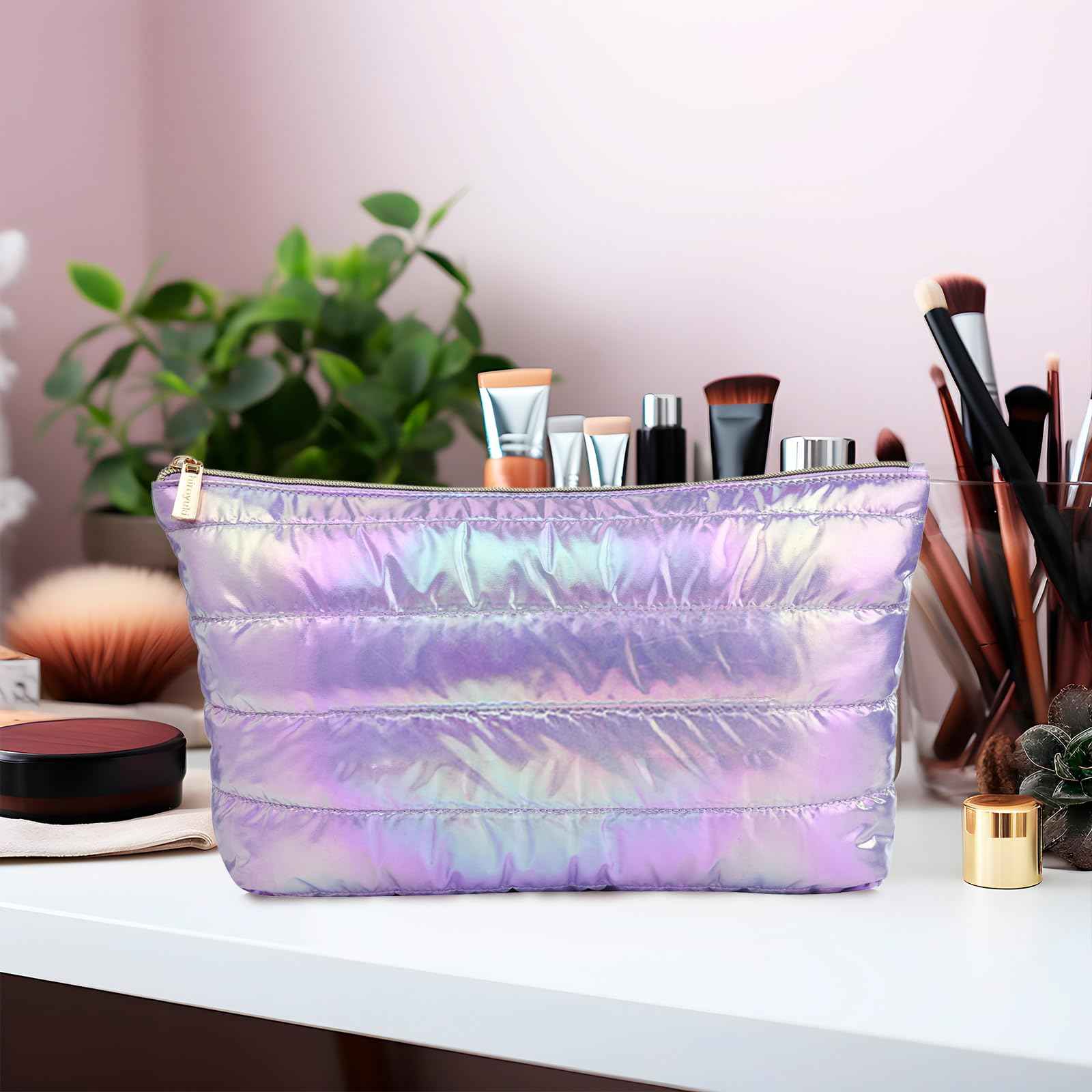 Hiroyuki Large Makeup Pouch, Puffy Cosmetic Bag, Large Capacity Travel Pouch (plain, purple)