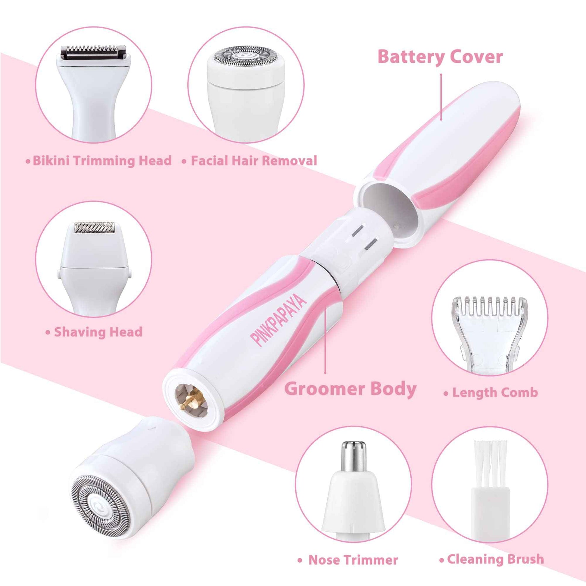 pinkpapaya Electric Bikini Trimmer for Women - 4 in 1 Electric Razors,Waterproof Pubic Hair Trimmers & Facial Hair Remover, Body Shaver & Nose Hair Trimmer,Cordless Women's Grooming Kit,pink/uy6t