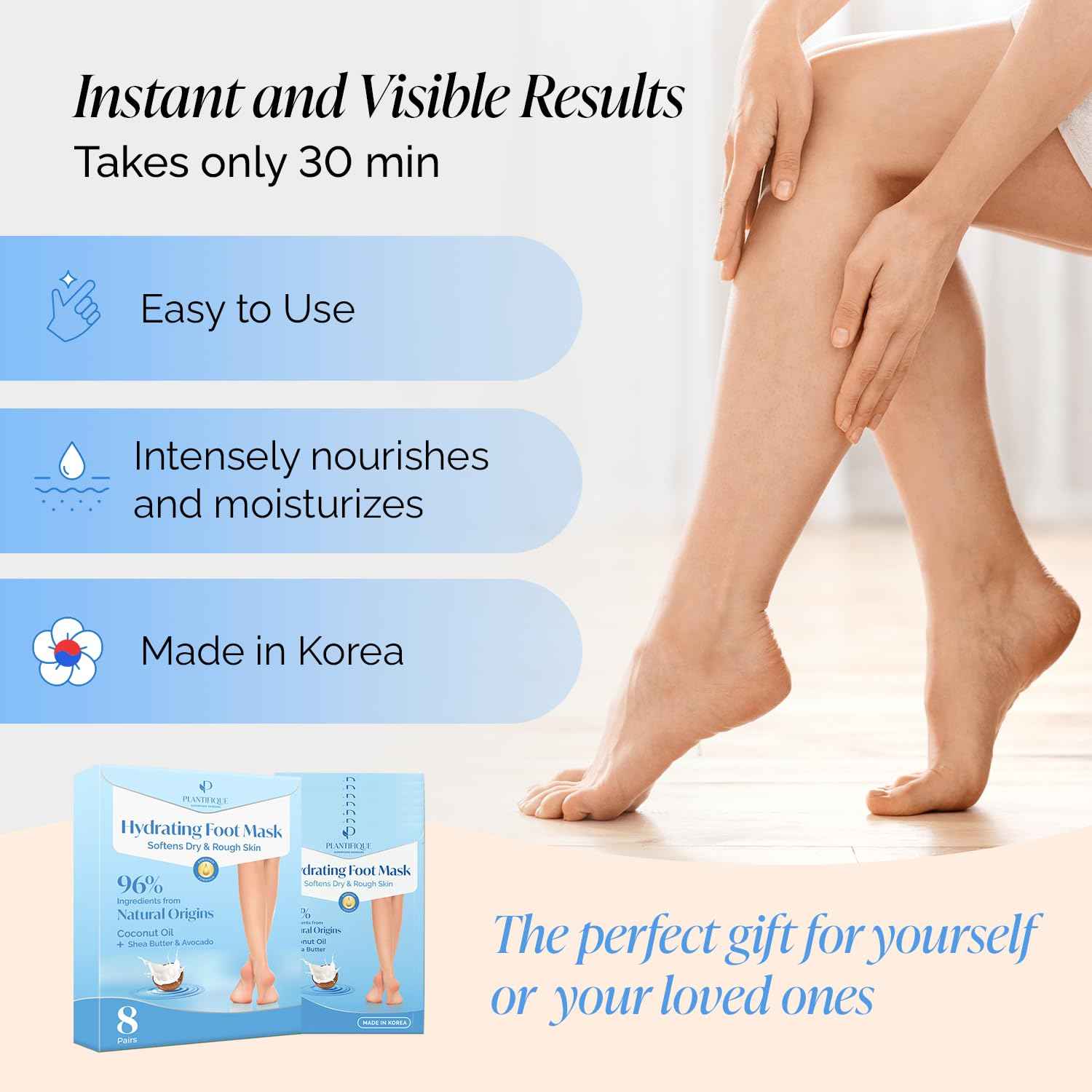 PLANTIFIQUE Korean Foot Mask with Shea Butter 8 Pairs box for Dry & Cracked Feet | Hydrating Socks for Soft Heels | Intense Moisturizing and Repairing Dry Rough Skin | Foot Spa | Happy Feet Mask