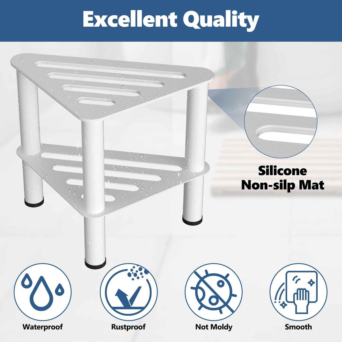 WINSTECK Upgraded Rust-Proof Metal Corner Shower Foot Stool for Shaving Legs, Shower Foot Rest Bench for Inside Shower with Storage Shelf, Small Step Stools, Non-Slip Bath Stool (White)