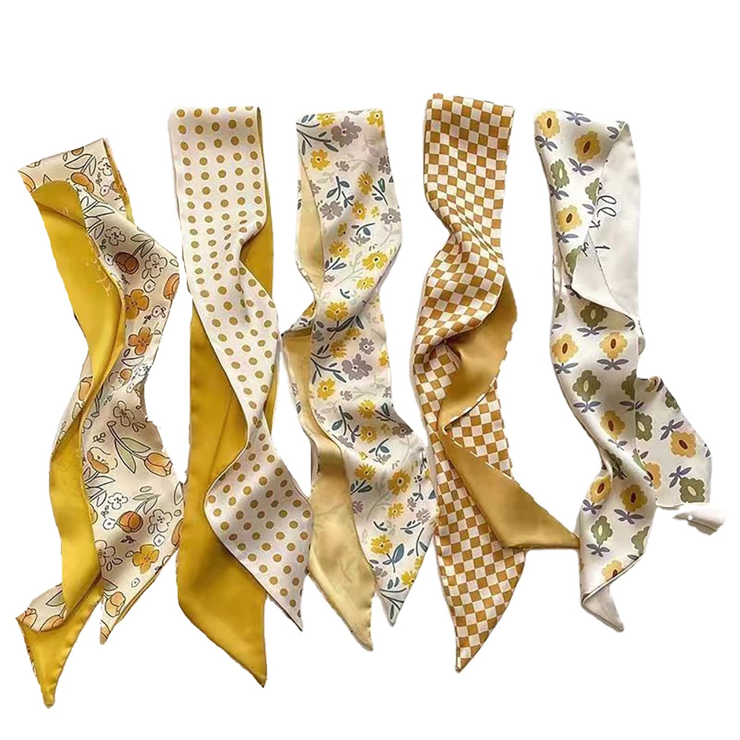 Retro small silk scarf girl heart spring and summer narrow ribbon headband headband bag decoration long scarf headdress (Yellow Hair Band 5pcs)