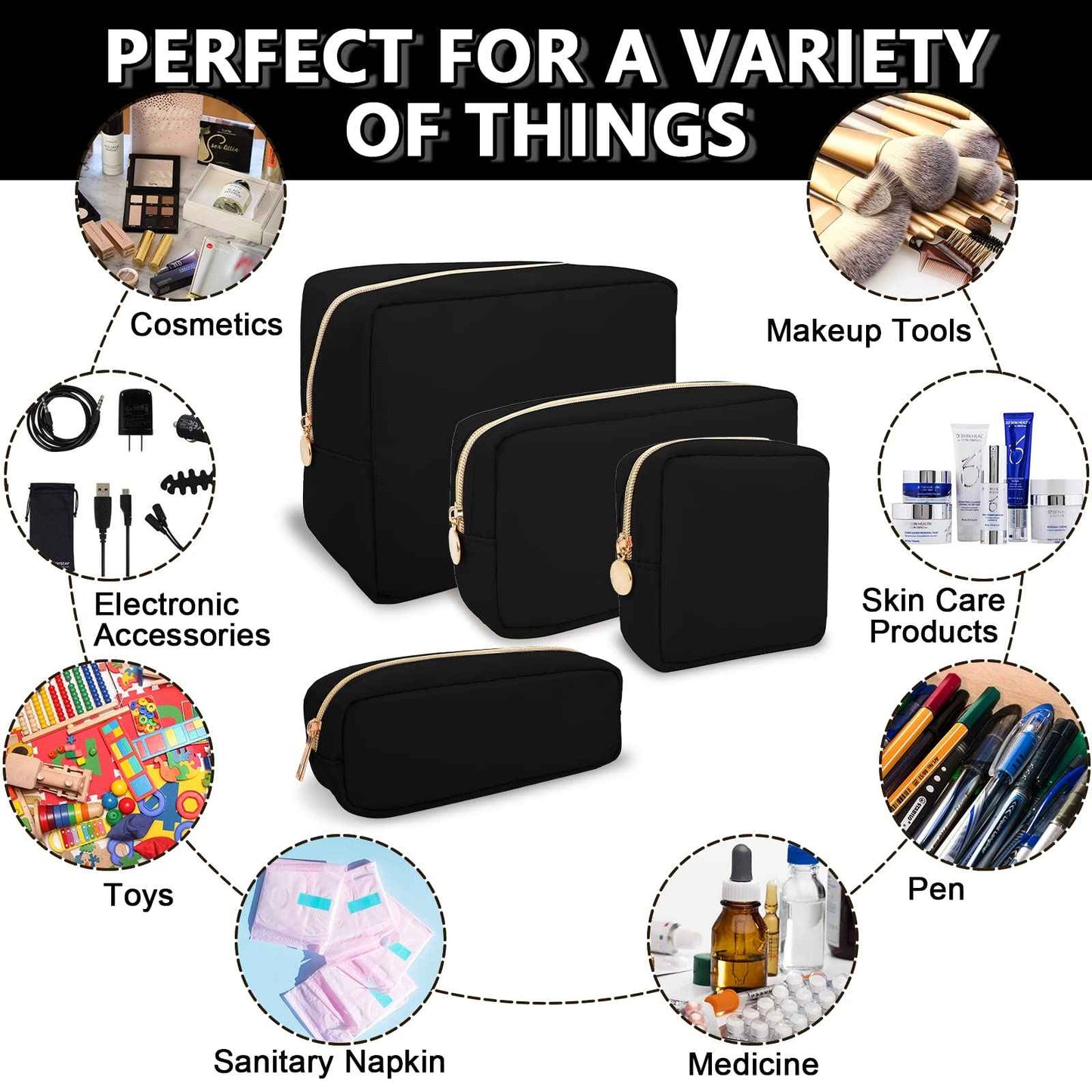 UIXIZQ Waterproof Large Makeup Pouch,Nylon Women Travel Toiletry Storage Preppy Cosmetic Bag for Girls,Big Makeup Organizer Bag Cute Zipper Pouch for Sport Work Gift(Large-Black)