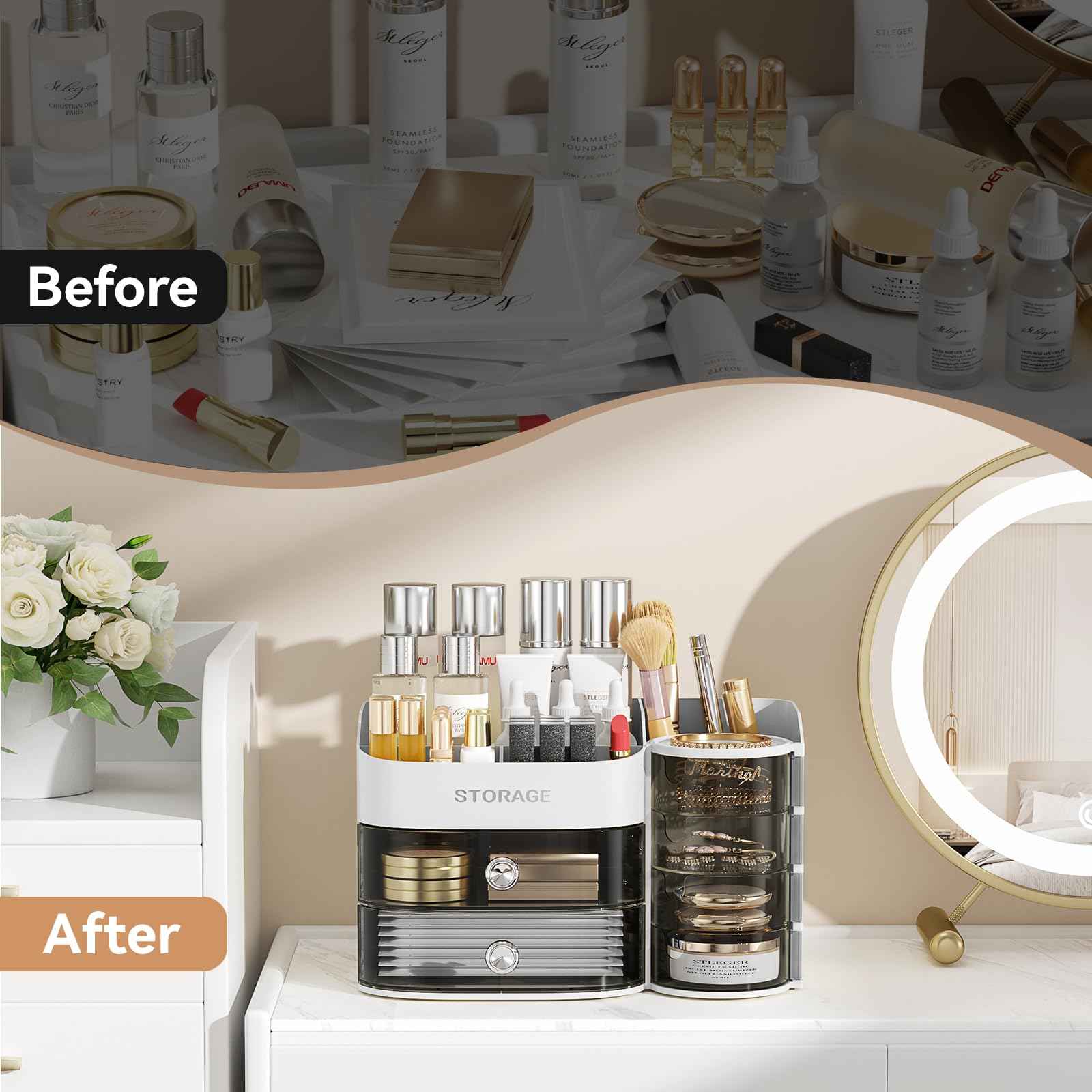 LAMU Makeup Organizer Countertop, Cosmetic Storage for Dresser Bathroom Countertop, Include 4-Tier Rotating Jewelry Box for Brushes, Skincare, Perfume, Jewelry Organizer, Ideal Christmas Gifts, White