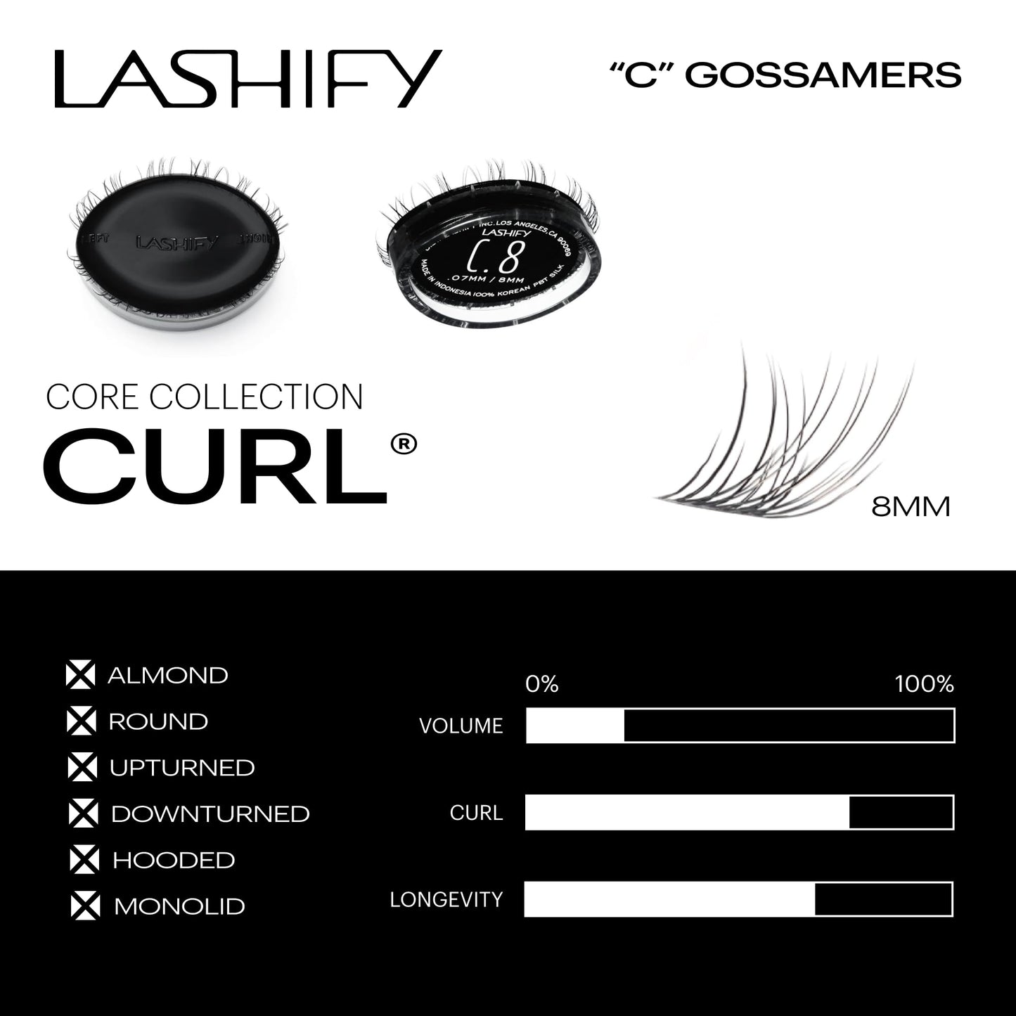 Lashify Curl 8mm Gossamer Eyelash Extensions Refill, Black, DIY False Lashes for a Natural Look