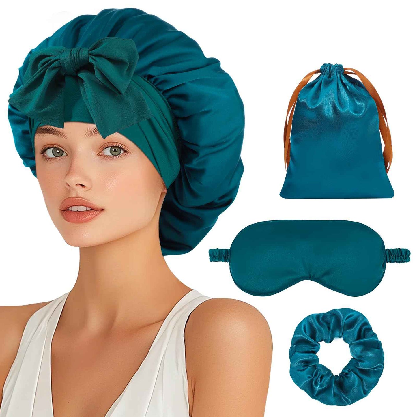 Satin Bonnet Set, Hair Bonnet for Sleeping Silk Bonnet with Eye Mask for Women Curly Hair, Peacock Blue