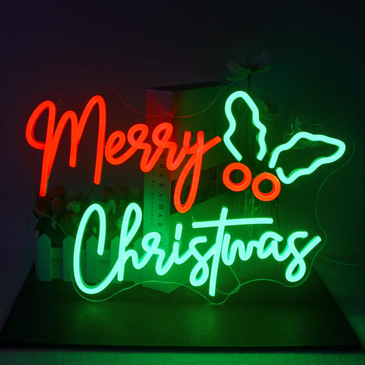 JURONGYILU Holly Berry Merry Christmas Neon Sign Red Green Xmas Led Lights for Wall Decor Usb Light Up Signs for Bedroom Home Bar Christmas Party Decorations Teens Family Gifts