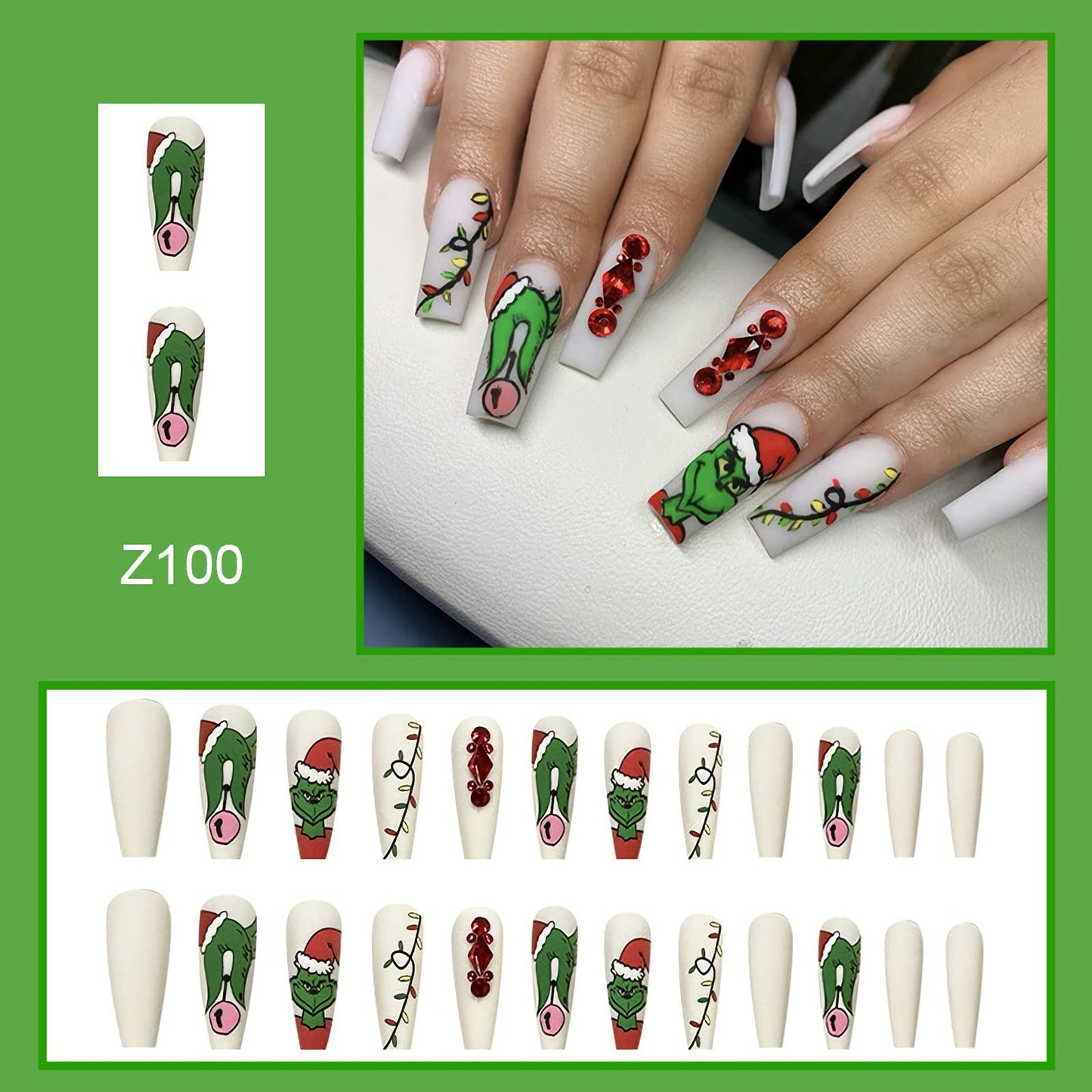 Christmas Press on Nails Coffin Fake Nails with Red Rhinestones Design Full Cover False Nails Matte Artificial Nails Cute Cartoon Pattern String Lights Xmas Stick on Nails for Women and Girls Manicure