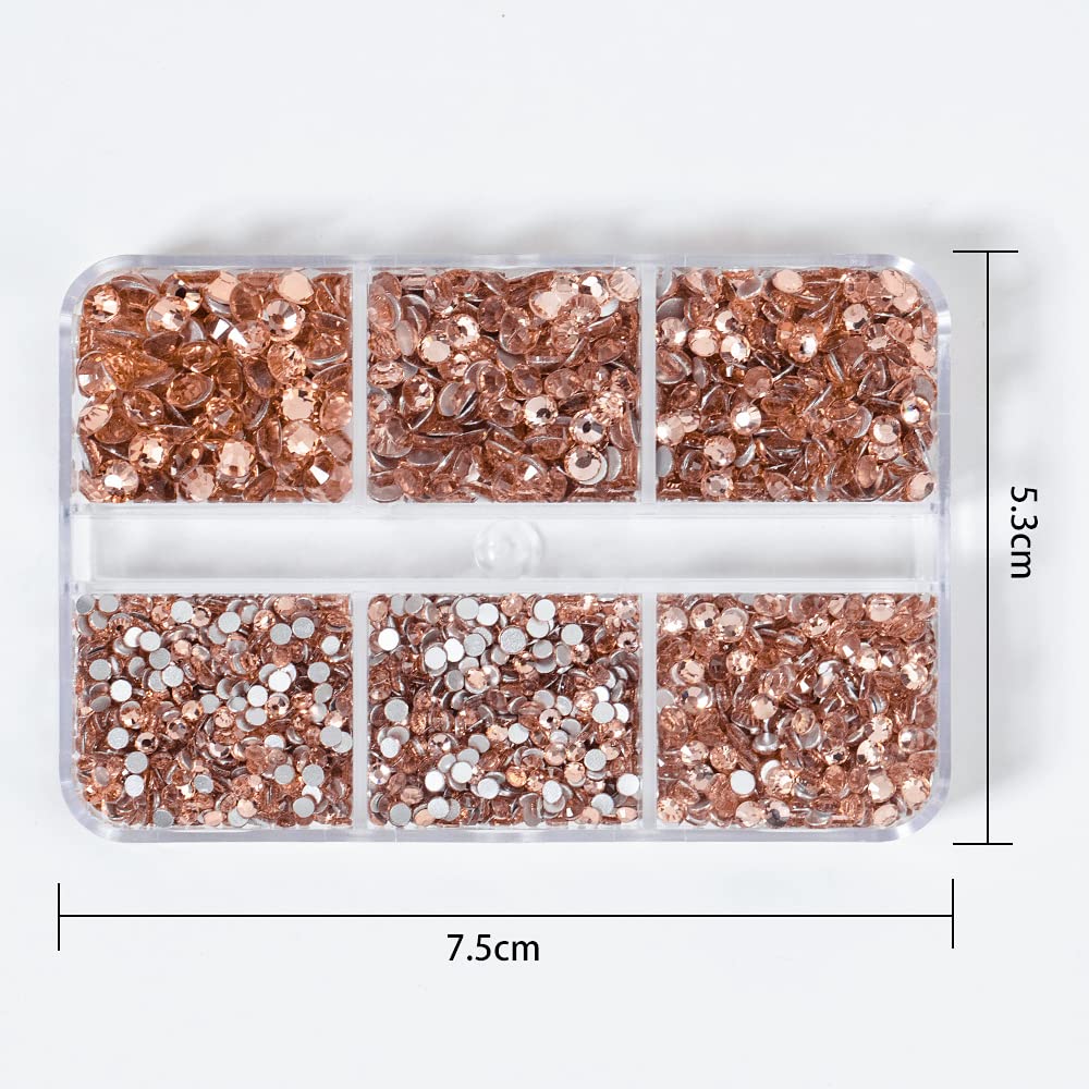 6Grids 3000Pcs Flatback Rhinestones, Champagne Color Nail Gems Crystals Jewels, Craft Glass Diamonds Stones Bling Rhinestone with Tweezers and Picking Pen for Nail Face Makeup(1.8mm~4mm Crystal)