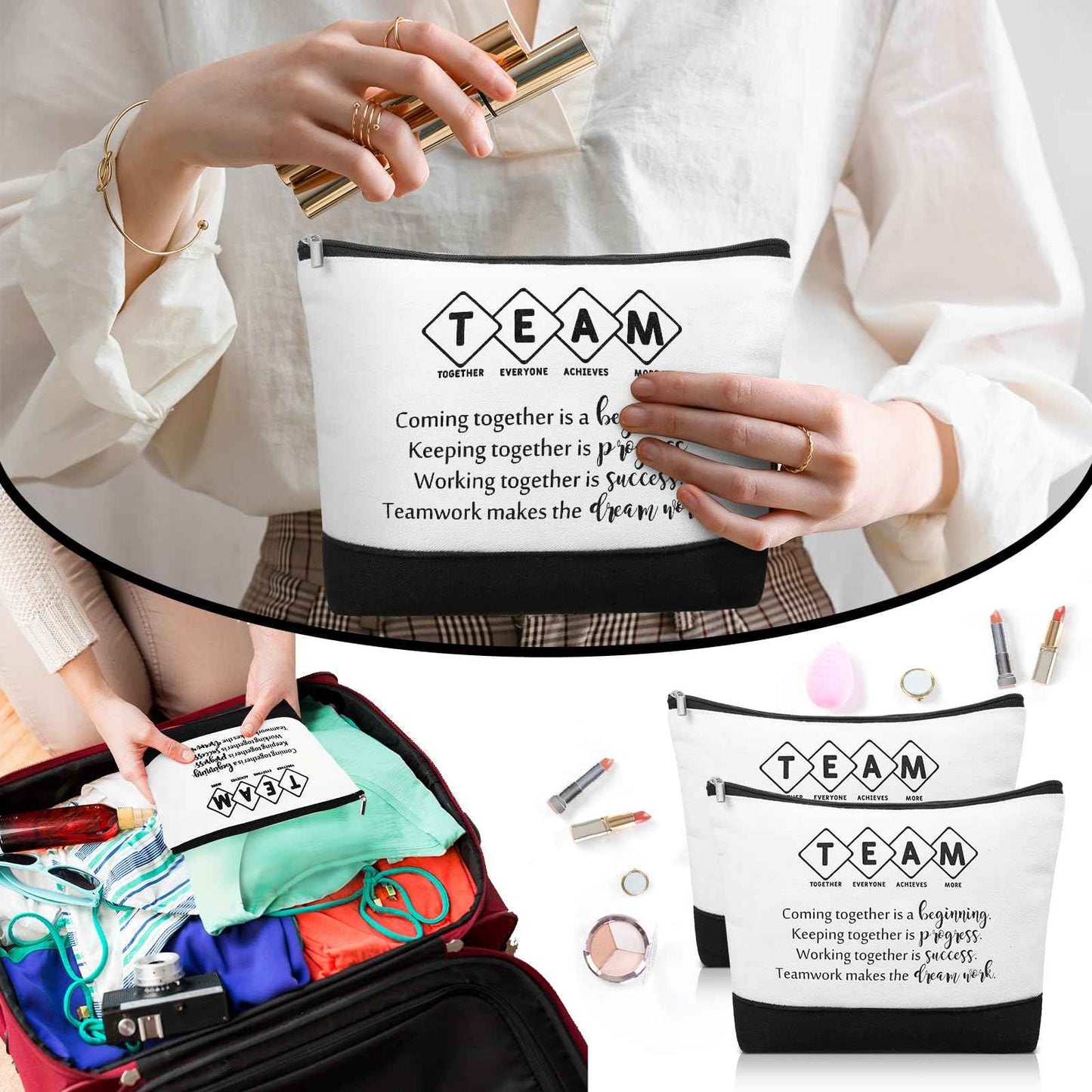 Sanwuta 48 Pcs Canvas Cosmetic Bag Bulk Appreciation Gift for Christmas Inspirational Canvas Makeup Bags Keychains Set for Teacher Employees Coworker Women (Team)