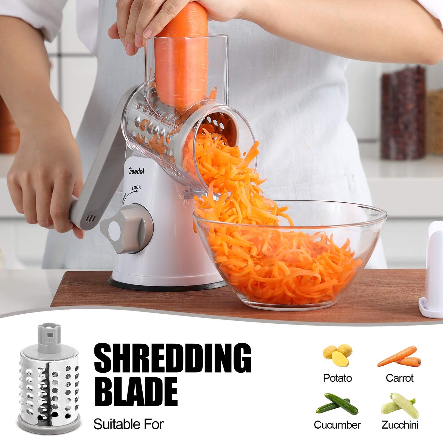 Geedel Rotary Cheese Grater, Kitchen Mandoline Vegetable Slicer with 3 Interchangeable Blades, Easy to Clean Rotary Grater Slicer for Fruit, Vegetables, Nuts