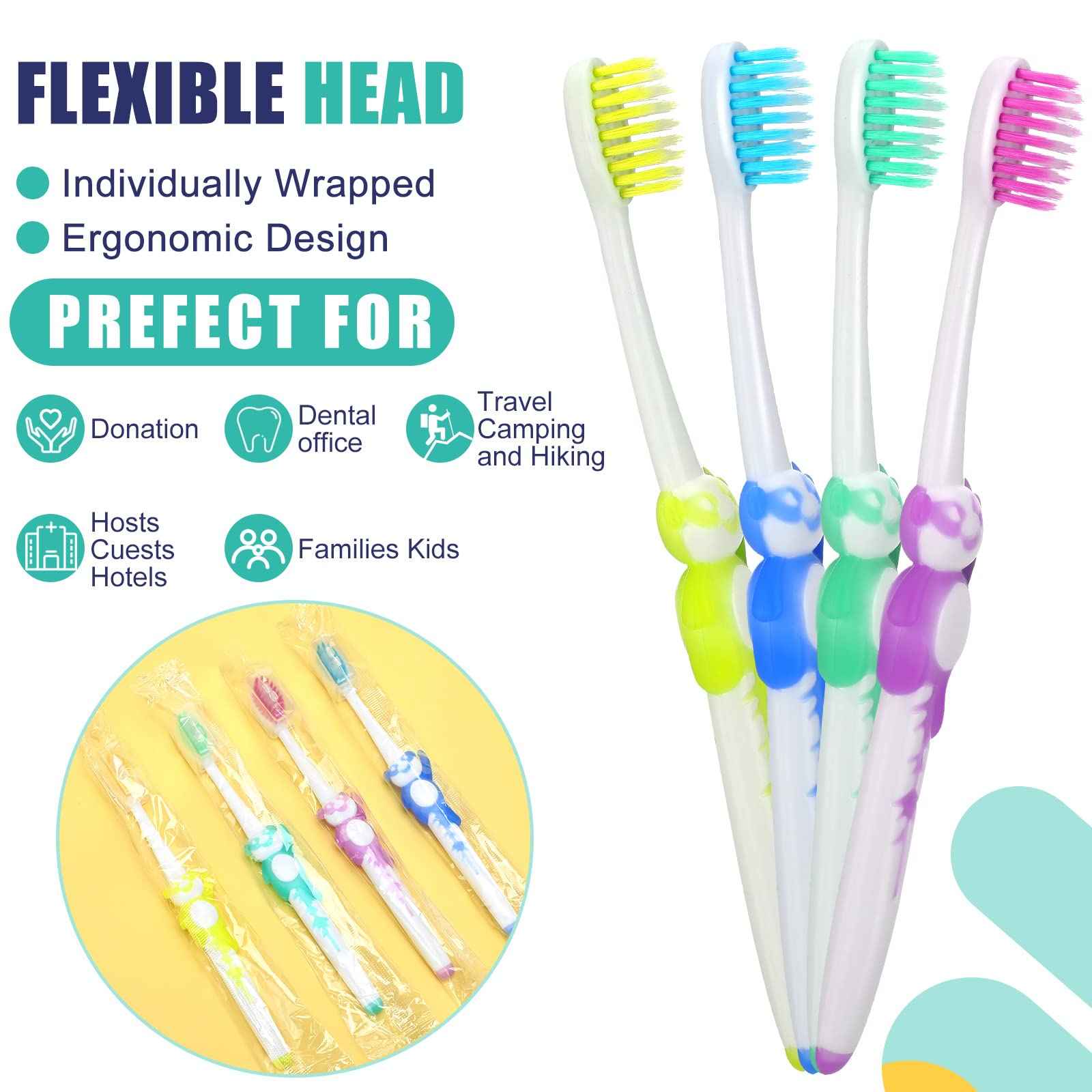 Bokon 100 Pcs Toothbrush for Kids Individually Wrapped Children Soft Disposable Manual Toothbrush Bulk Panda Travel with Bristle Rubber Handle for School Daycare Oral Hygiene