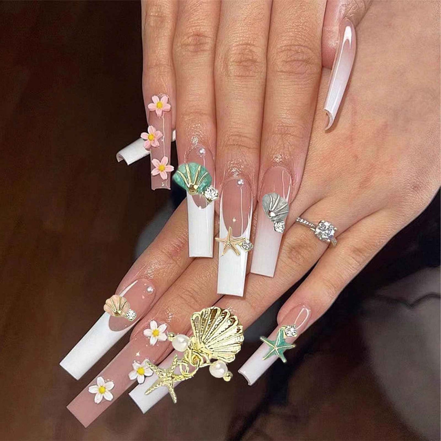 32PCS 3D Summer Beach Art Rhinestones Shell Starfish Fishtail Nail Studs Sea Series Ocean Theme Alloy Nail Charms Supplies for Nail Art Designs DIY Manicure Decoration