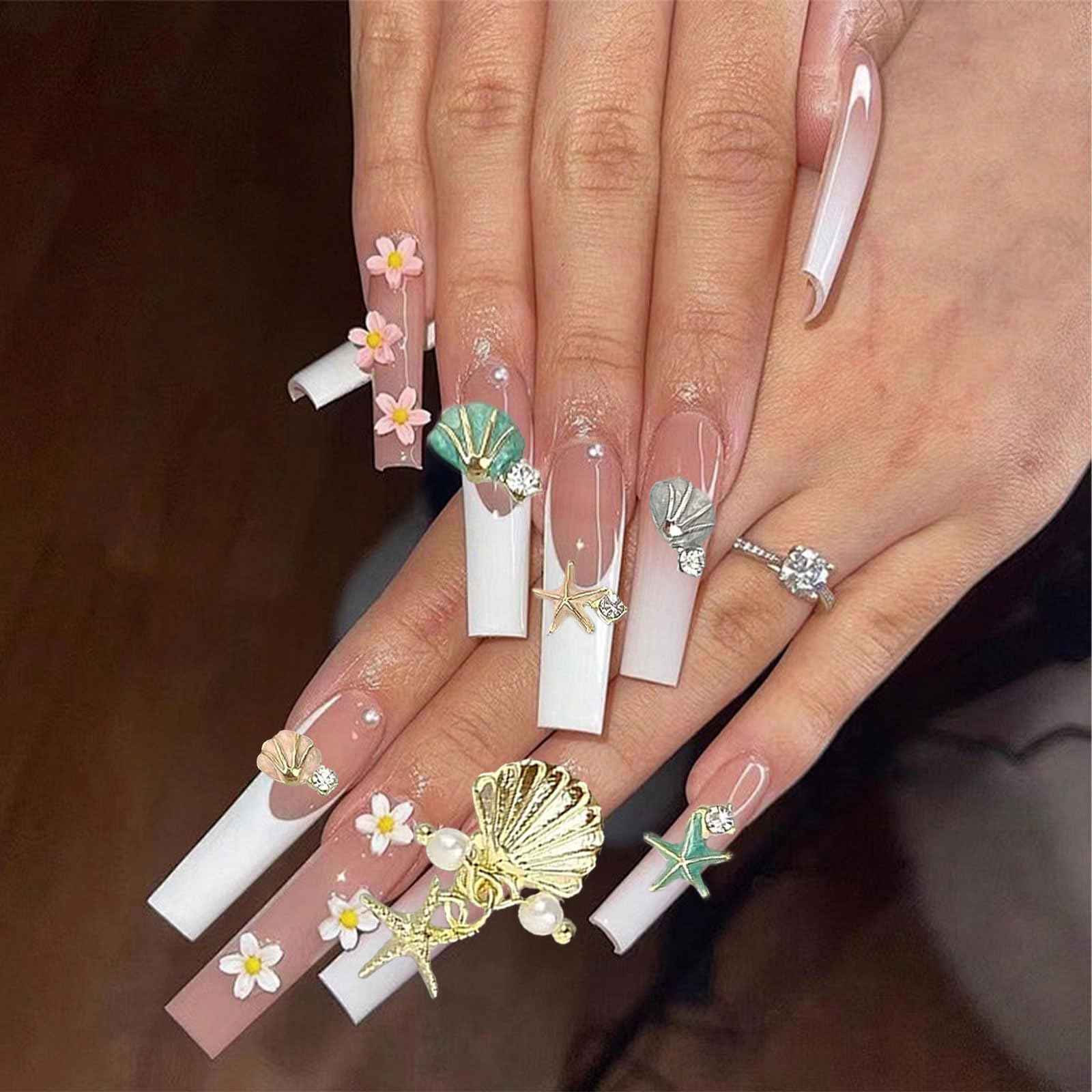 32PCS 3D Summer Beach Art Rhinestones Shell Starfish Fishtail Nail Studs Sea Series Ocean Theme Alloy Nail Charms Supplies for Nail Art Designs DIY Manicure Decoration