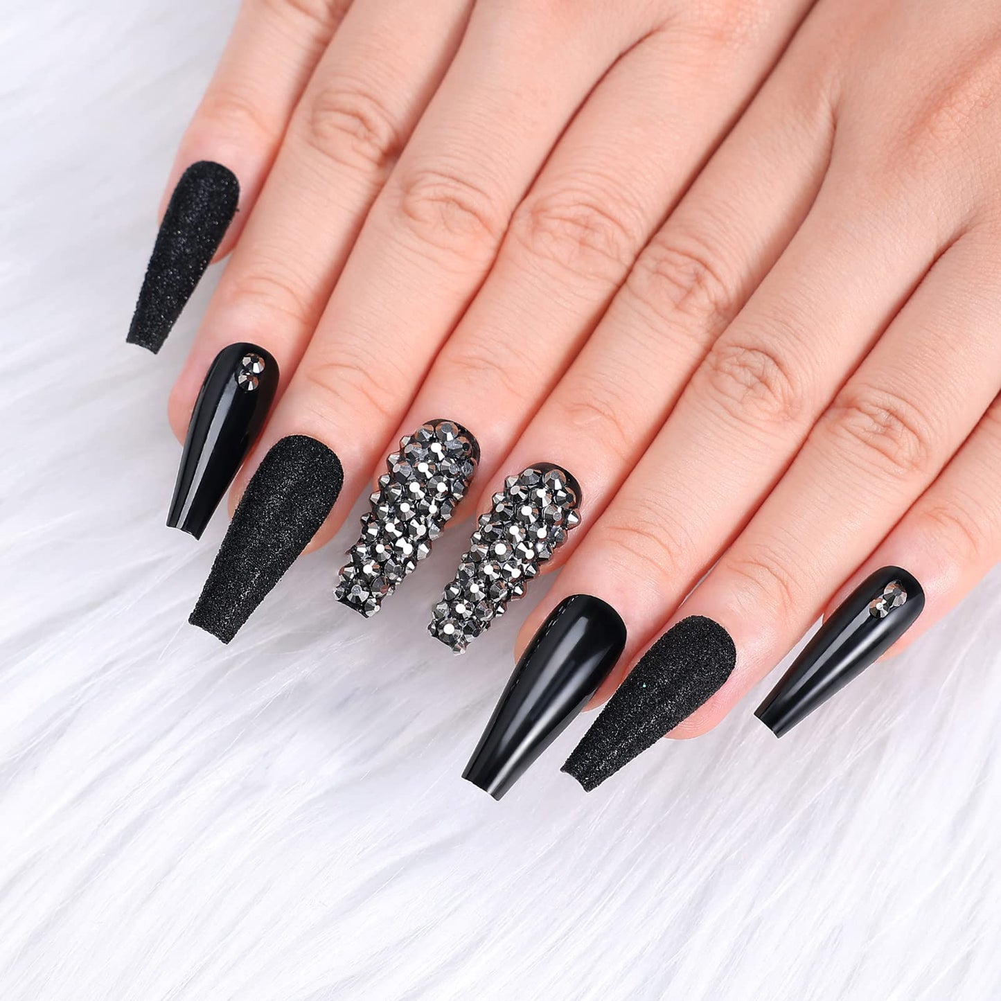 Kikmoya Extra Long Coffin Press on Nails, Crystal Luxury Nails with Grey Black Rhinestones, Black Pure Color Glitter, 24pcs Glossy False Nails Fake Tips, Finger Manicure for Women (K26)