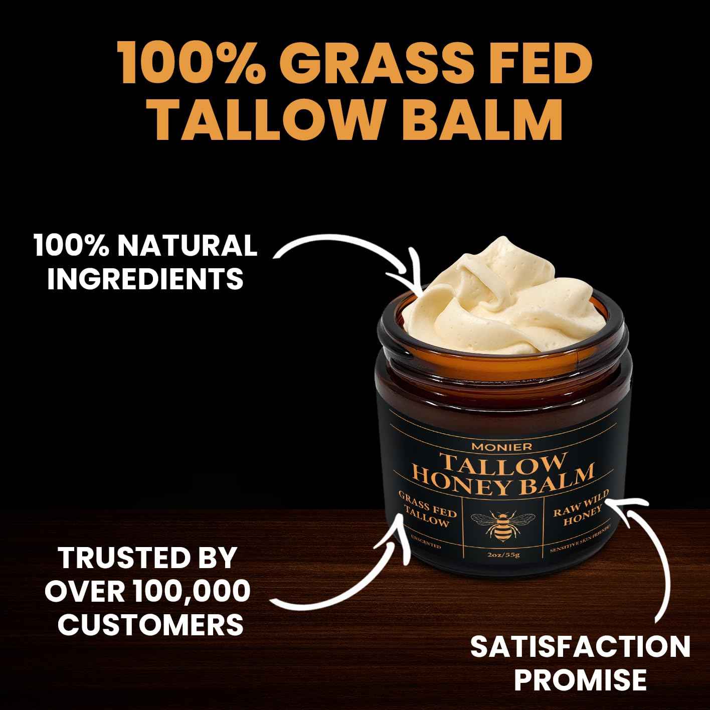 MONIER Tallow and Honey Balm for Face, Beef Tallow for Skin, Moisturizer with 100% Organic Grass-Fed Beef Tallow & Raw Wild Honey - Natural Formula for Dry & Sensitive Skin (Unscented - 2 Pack)