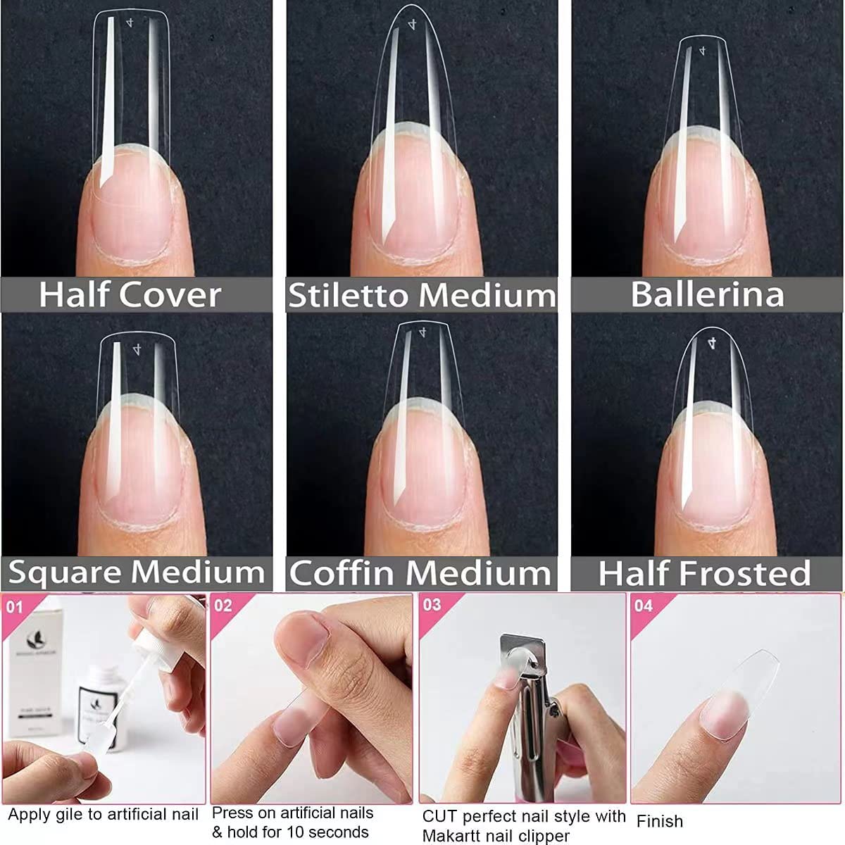 MAGIC ARMOR Square Fake Nails Tips - 504Pcs Upgraded Soft Gel Square Gel Nail Tips Press on Nails Pre-shape Clear Square Nails Tips for Full Cover Acrylic Square Nails French False Nails For Nail Exte