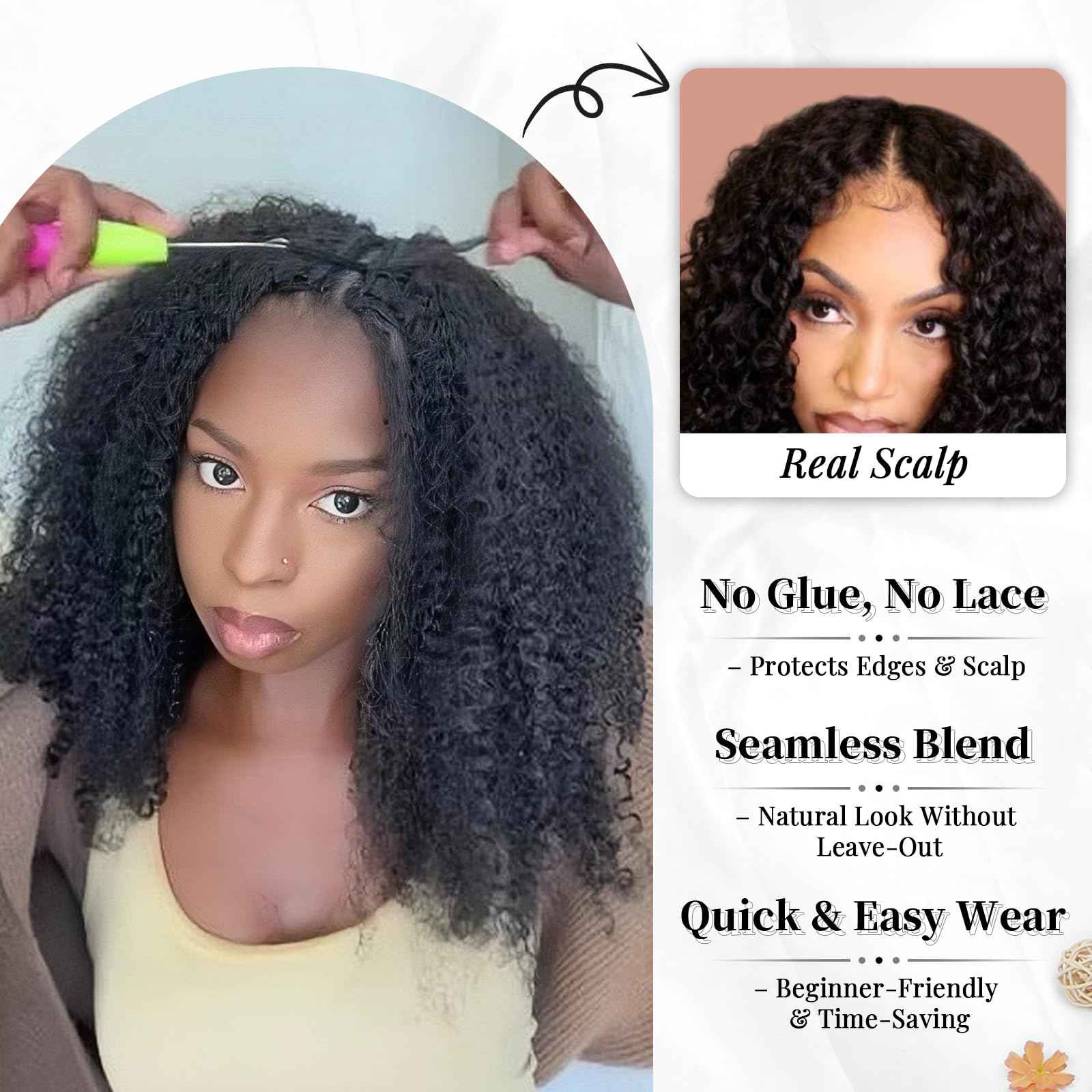V Part Burmese Curly Wig for Black Women, Glueless Protein Silk Synthetic Curl Upgraded U Part Wigs Soft Natural Human Hair Feel, Lightweight Beginner Friendly Upart, Daily Wear/Time-Saving Vpart