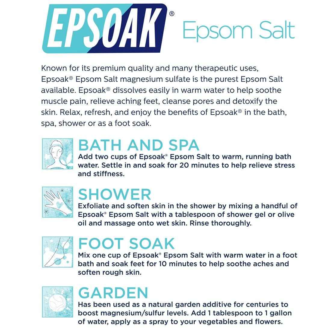 Epsoak Epsom Salt – 10 lb (Two 5 lb Resealable Bags), Magnesium Sulfate USP, Unscented, Made in USA, Perfect for Bath, Spa, and Soaking