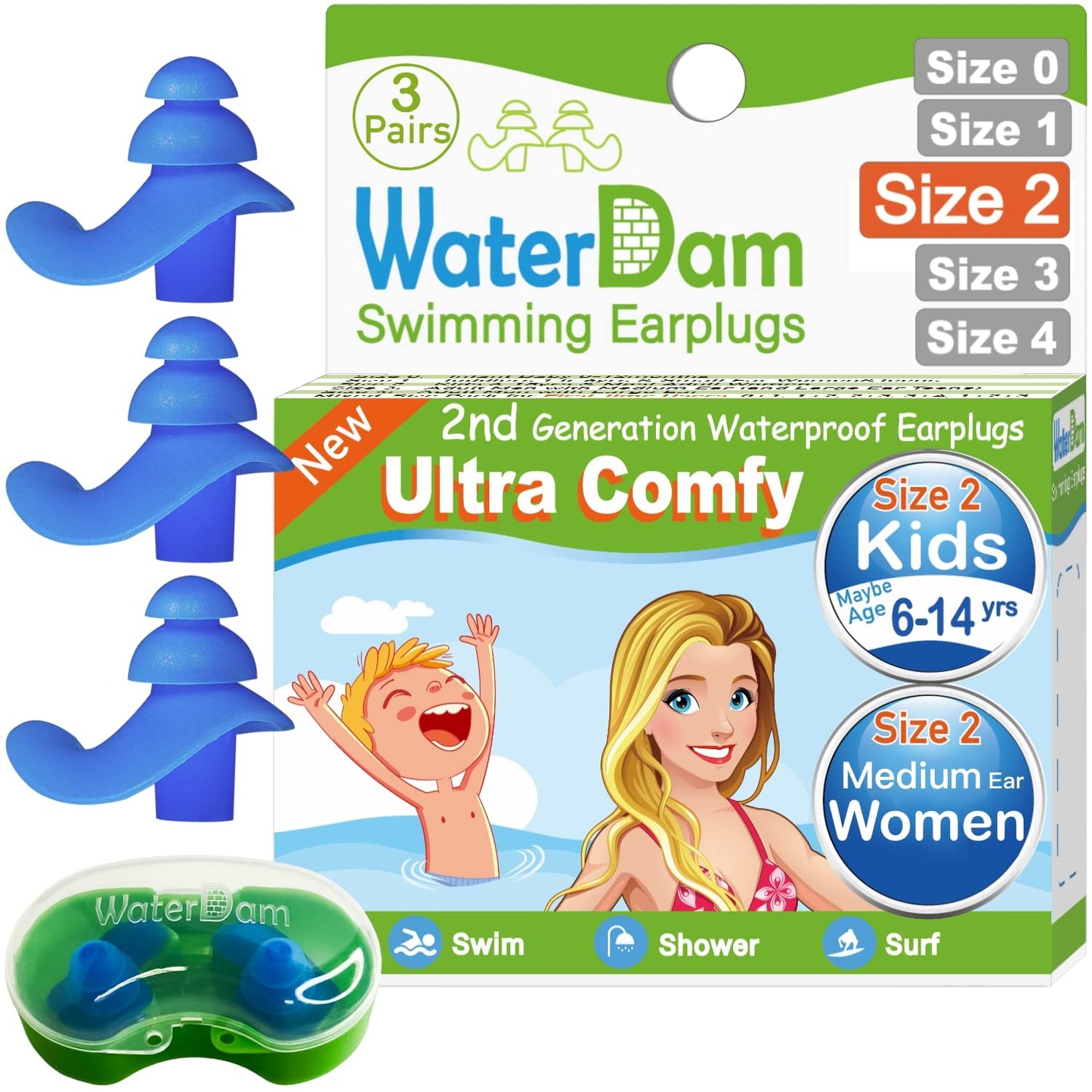 WaterDam Swimming Ear Plugs Great Waterproof Ultra Comfy Earplugs Prevent Swimmer's Ear