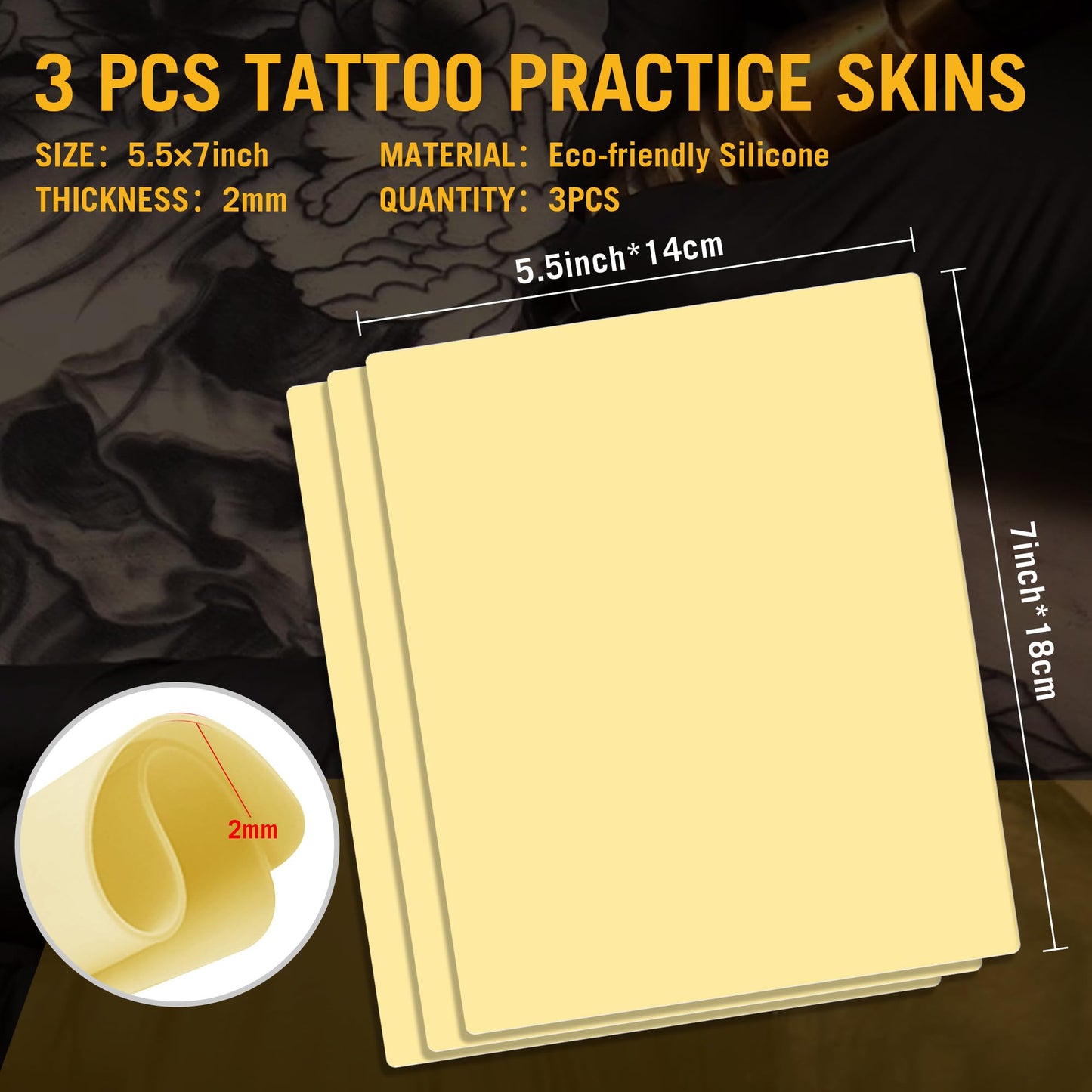 3Pcs Blank Tattoo Practice Skin - 2mm Synthetic Silicone Fake Skin for Realistic Eyebrow Tattooing,Microblading,Double Sided Tattoo Skin for Beginners & Experienced Tattoo Artist (5.5x7")