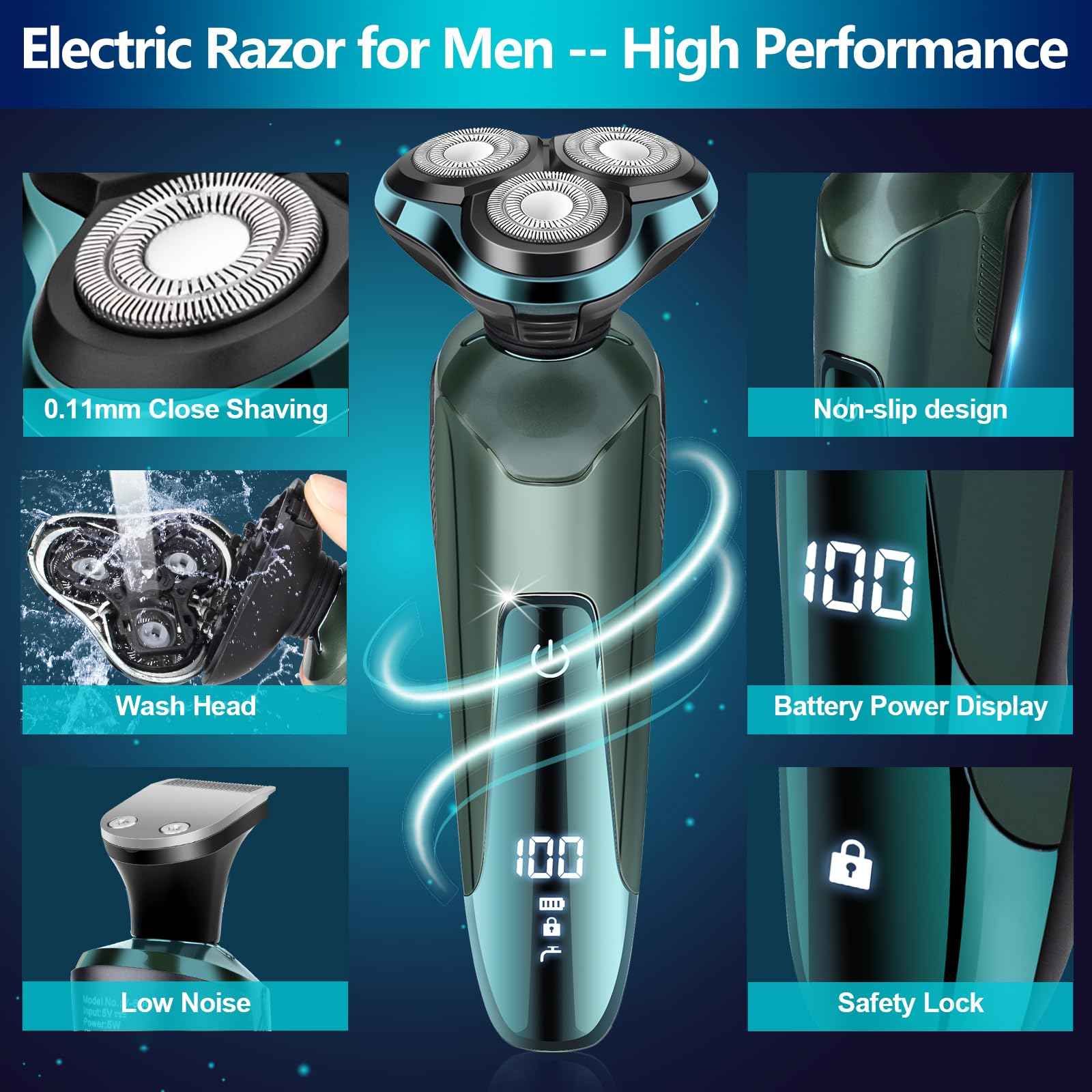 Electric Razor for Men, Electric Shavers for Men's Faces, Detachable Blade 3D Rotary for Shaving with Nose Trimmer Face Cleaning Brush Head Shavers, Wet/Dry/Waterproof Razors for Men Matte Green