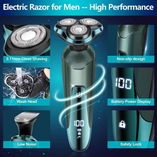 Electric Razor for Men, Electric Shavers for Men's Faces, Detachable Blade 3D Rotary for Shaving with Nose Trimmer Face Cleaning Brush Head Shavers, Wet/Dry/Waterproof Razors for Men Matte Green
