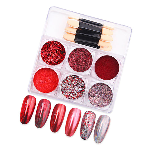 EnMart Chrome Nail Powder Set, 6 Colors Shimmer Nail Art Kit Red Metallic Effect Mirror Pigment Glitter Dust Kit for Nail DIY Face Body Hair Makeup Crafts Decoration