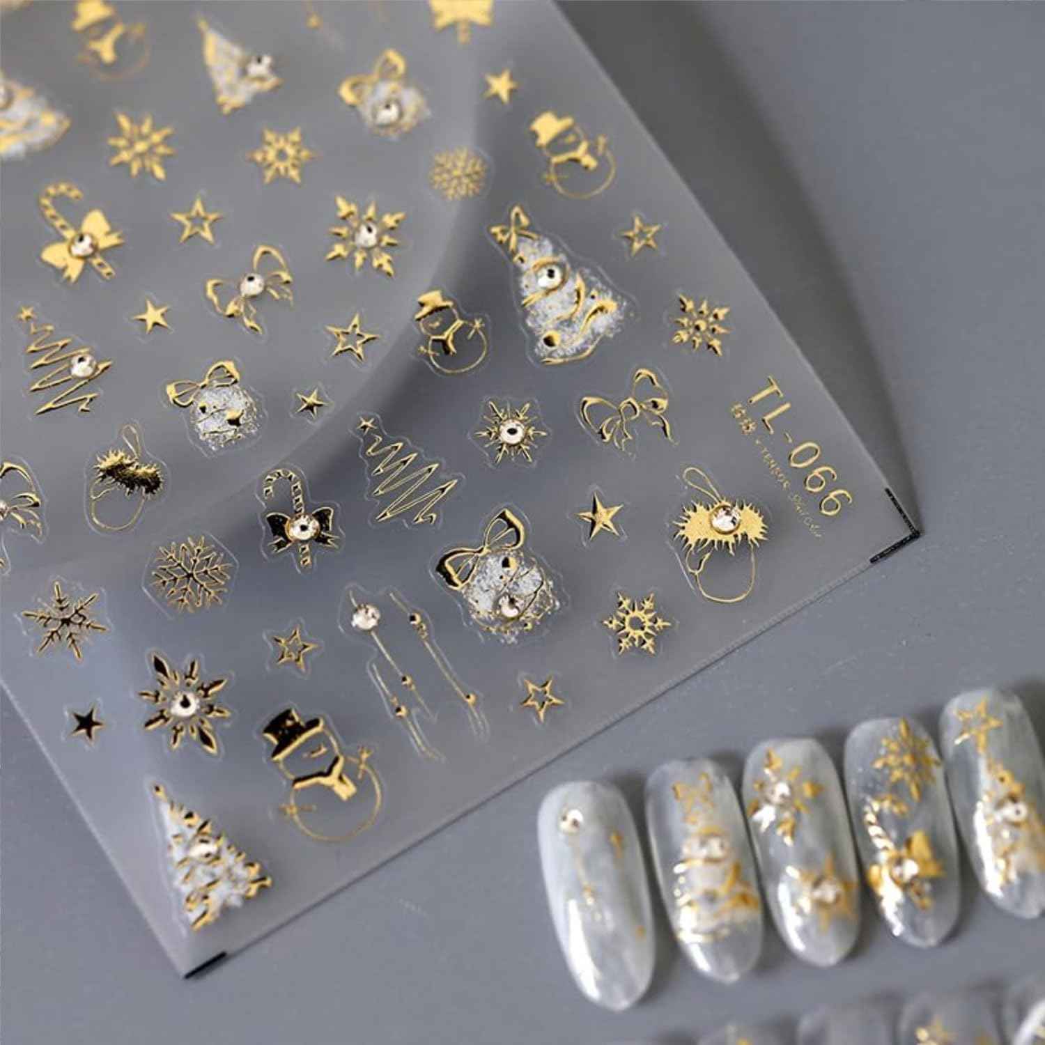 Christmas Nail Stickers Gold Nail Art Stickers Snowflake Snowman Nail Decals with Rhinestones Design Xmas Tree Bow Star Nails Art Decals 5D Embossed Winter Nails Decoration for Women