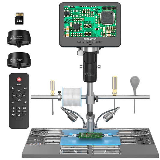 Andonstar 7'' HDMI Digital Microscope, 2040x UHD Video Record, Soldering Station with 3 Lenses, Helping Hands, 32GB Card, LED Light