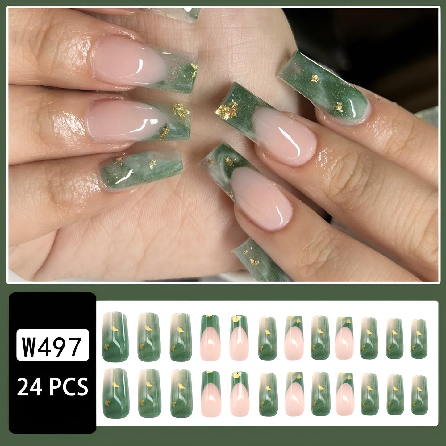 Nails Press Ons Medium Square Press on Nails Green Fake Nails with Gold Leaf Design Stick on Nails Full Cover Glossy Acrylic Nails French Tip Glue on Nails for Women Manicure 24Pcs