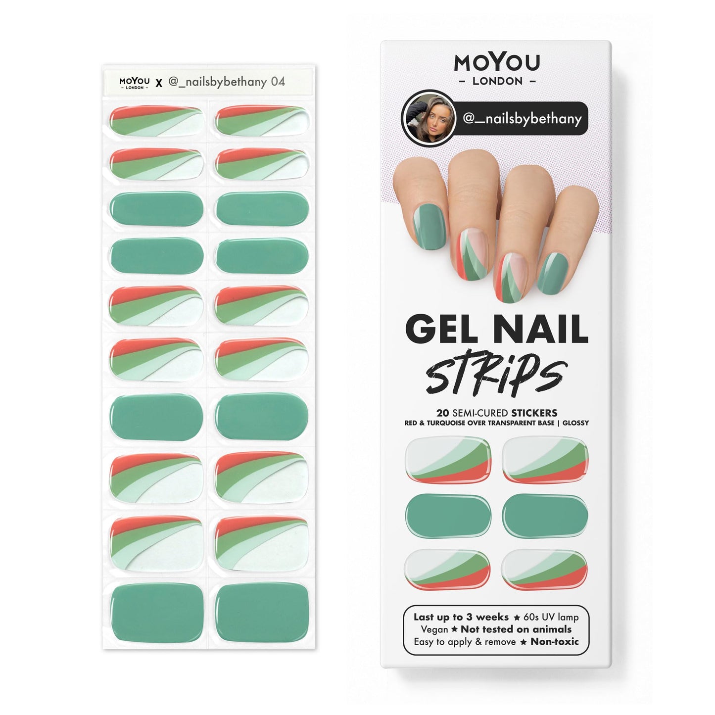 MOYOU LONDON Semi Cured Gel Nail Strips Flower 20 Pcs. UV Gel Nail Wraps for Salon-Quality Manicure, Easy to Apply, Trim, & Remove