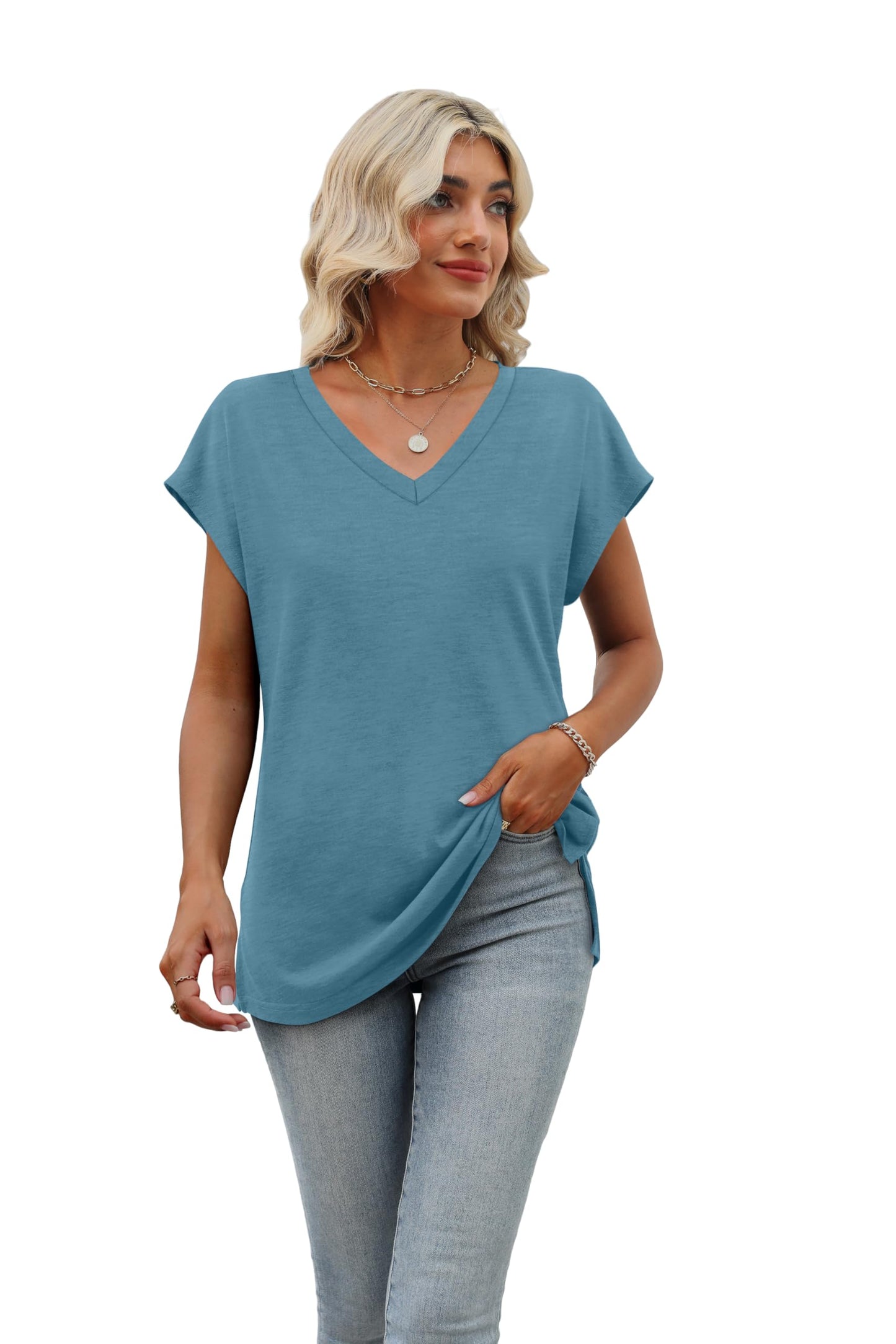 Womens Cap Sleeve Summer Tops Trendy Tank Tops V Neck Loose Fit Shirts Blue Green S