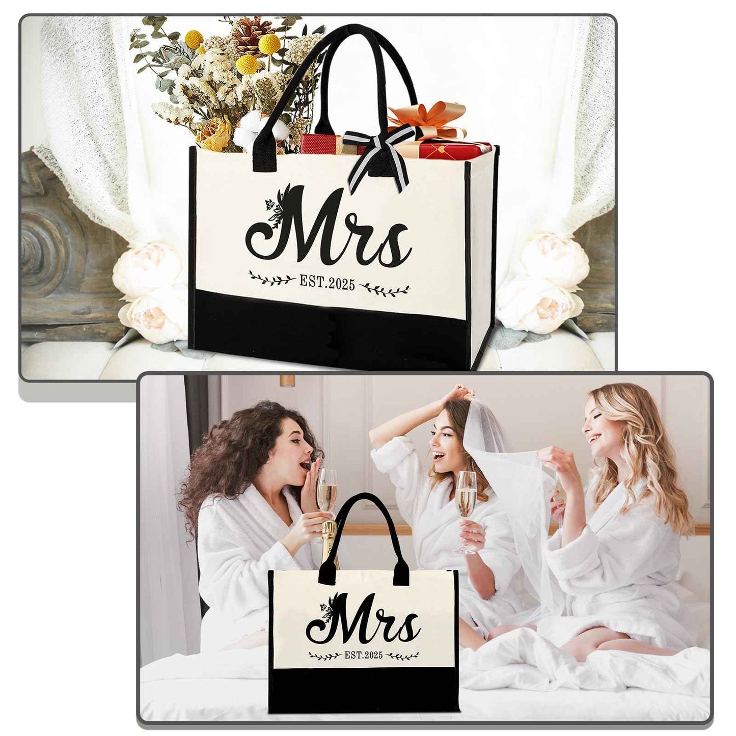 Vanqruo Mrs 2025 Bride Canvas Tote Bag with Makeup Bag, Wedding Gifts for Bridal Shower Bachelorette Party Engagement Honeymoon, Miss to Mrs, Bride to Be Gifts