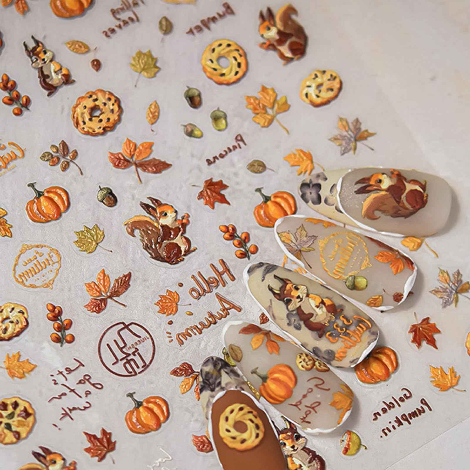 1 Sheet Fall Nail Art Stickers 5D Embossed Cute Nail Decals Autumn Maple Leaf Squirrel Pine Cones Fallen Leaves Nail Design Self-Adhesive Manicure Stickers Accessories for Women DIY Nail Decorations