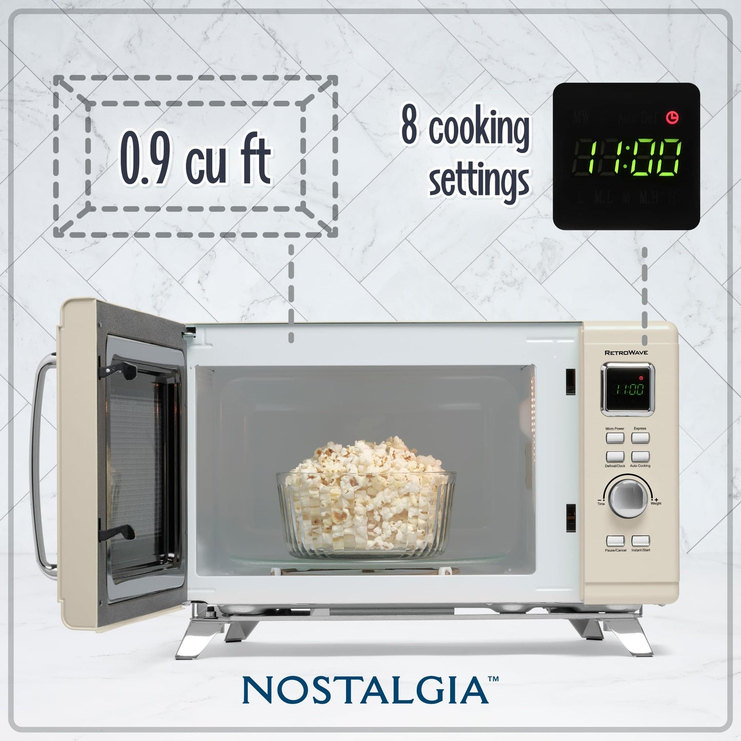 Nostalgia Mid-Century Retro Countertop Microwave Oven - Large 900-Watt - 0.9 cu ft - 8 Pre-Programmed Cooking Settings - Digital Clock - Kitchen Appliances - Cream