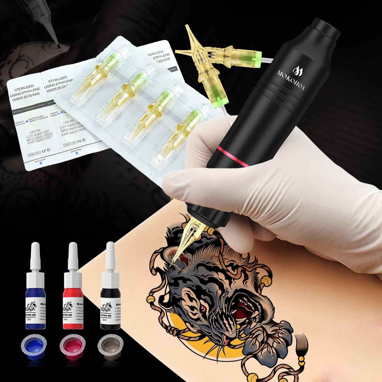 Mokohoa Tattoo Set for Beginners machine Gun Kit, Rotary Powerful Motor,Complete另一Professional Cartridge Needles Stencil Transfer Paper,Proctice Skin and Transfer Paper, Starter Tattoo Ink (Black)
