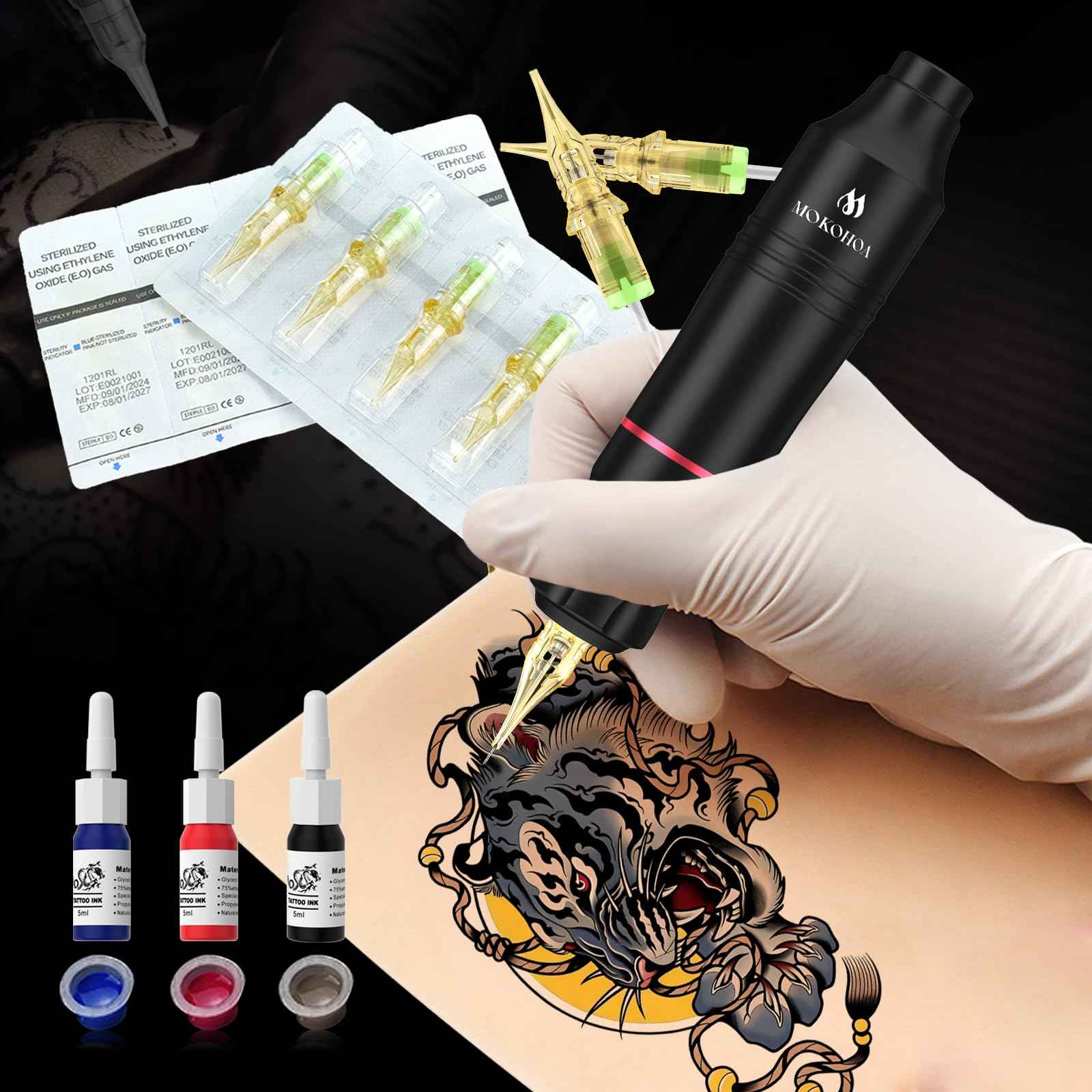 Mokohoa Tattoo Set for Beginners machine Gun Kit, Rotary Powerful Motor,Complete另一Professional Cartridge Needles Stencil Transfer Paper,Proctice Skin and Transfer Paper, Starter Tattoo Ink (Black)