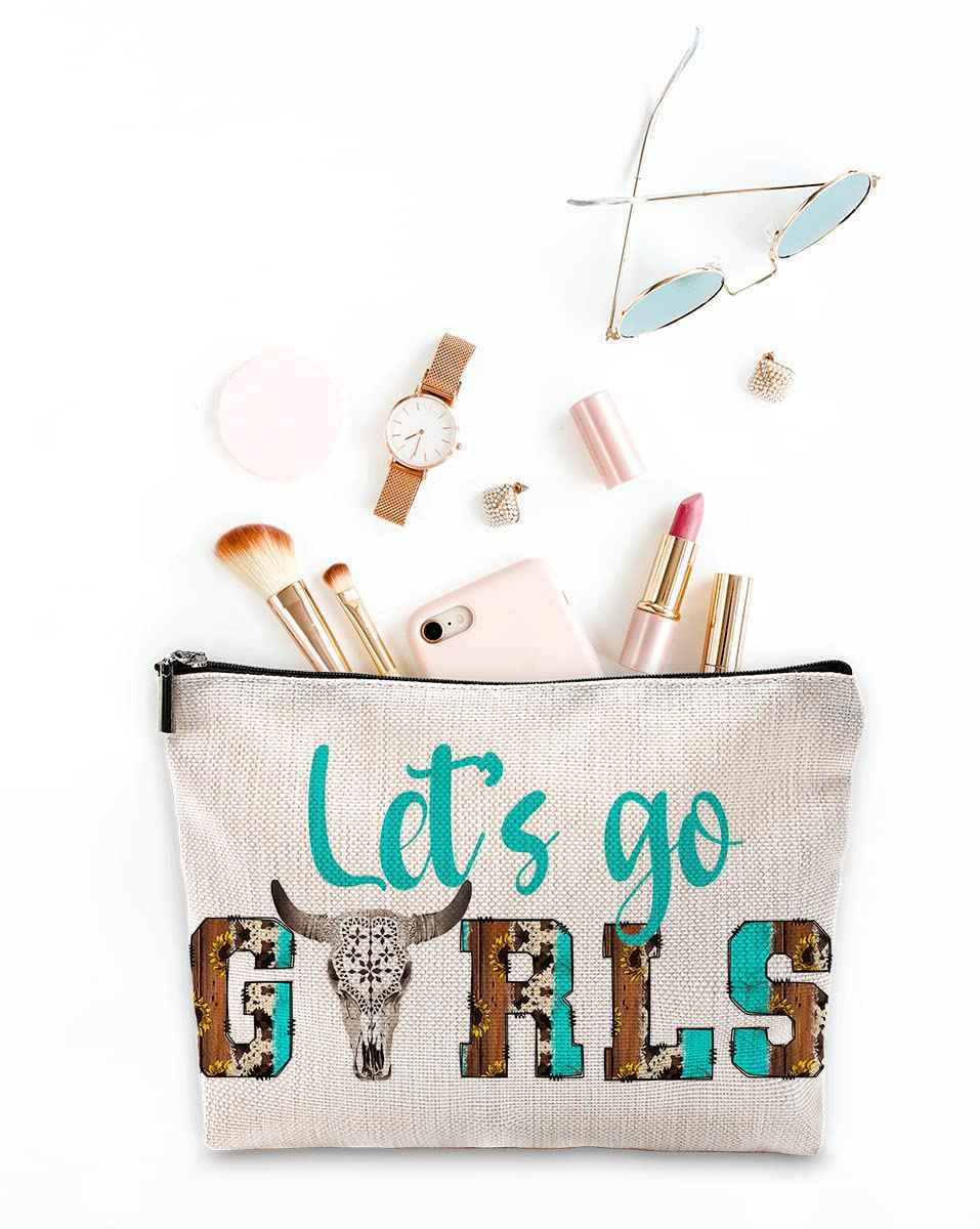 Sufamb Let's Go Retro Western Country Bull Skull Makeup Bag, Cowgirl Cosmetic Pouch for Women, Christmas & Birthday Gift for Teen Girls