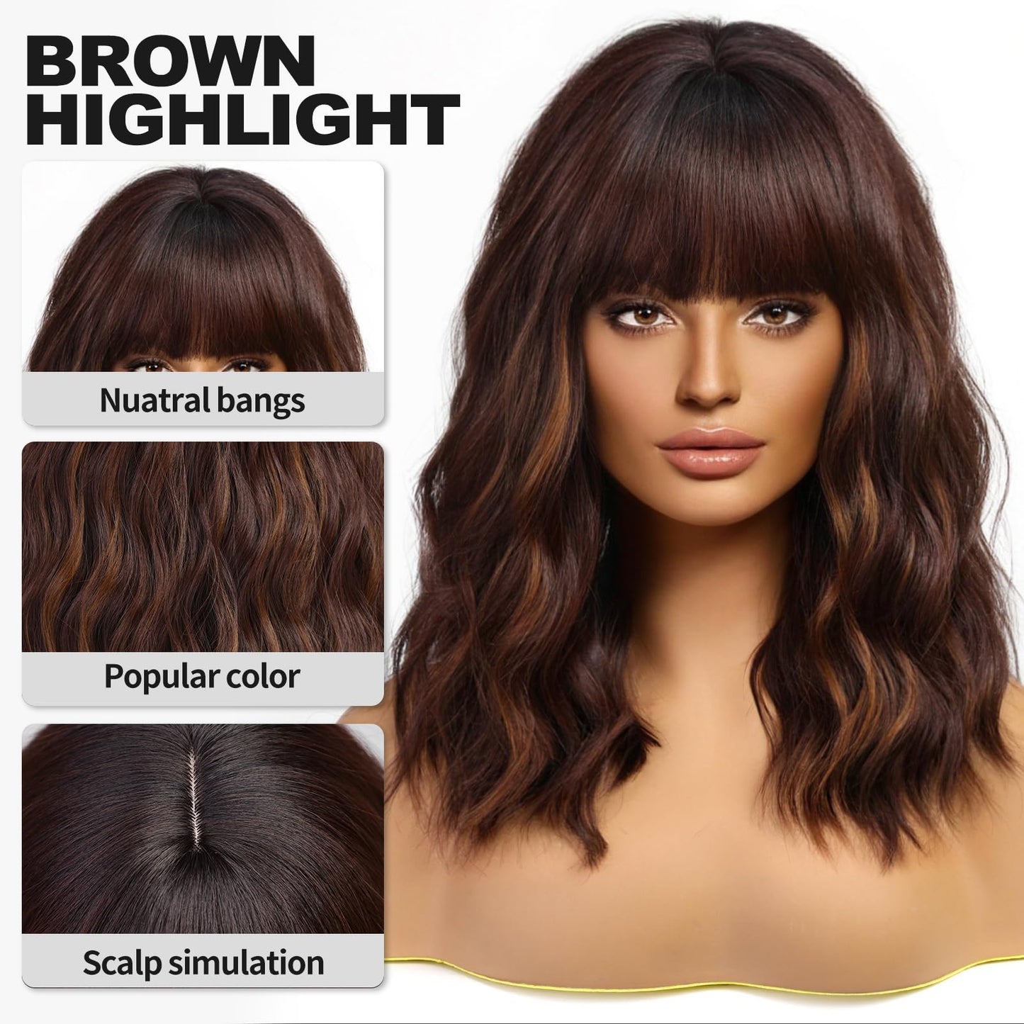 KOME Short Wavy Brown Wig with Bangs, Short Brown Highlight Bob Wigs for Women, Wavy Bob Wig with Bangs Synthetic Natural Looking Wigs 14IN