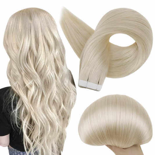 Full Shine Tape in Brazilian Human Hair Blonde Tape Hair Extensions 14 Inch Skin Weft Hair Extensions Color 60 Platinum Blonde Remy Seamless Human Hair Extensions 50Gram 20Pcs for Wedding