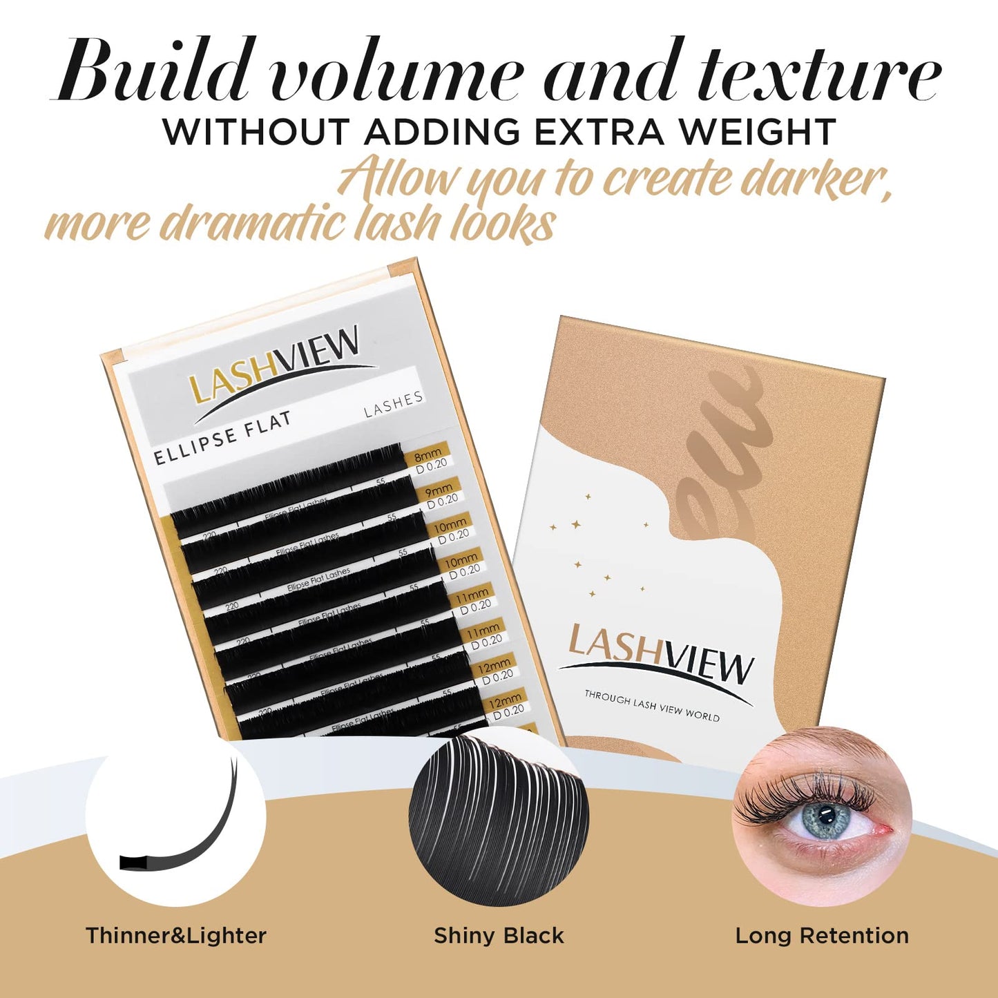 LASHVIEW Eyelash Extensions,Ellipse Flat Eyelash Extensions 0.20mm C Curl 14mm,Mink Black,Individual Lashes,Semi-Permanent Extremely Soft Professional Salon Use