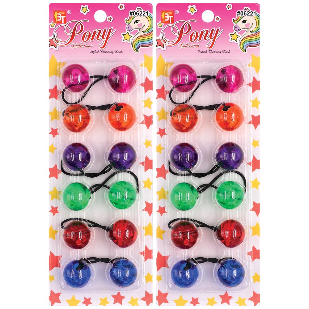 Beauty Town 12 Pcs 25mm Hair Ties for Girls, Assorted Colors, with Balls Bubble Twinbead Ponytail Holders