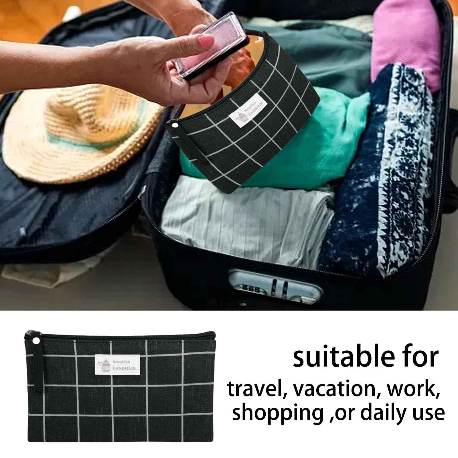 SHEHARUHI 3 Pcs Canvas Makeup Bags Set Cosmetic Small Bag Printed Cute Vacation Travel Toiletry Purse Zipper Pouch Multi-Function Bag Women Girls Favor