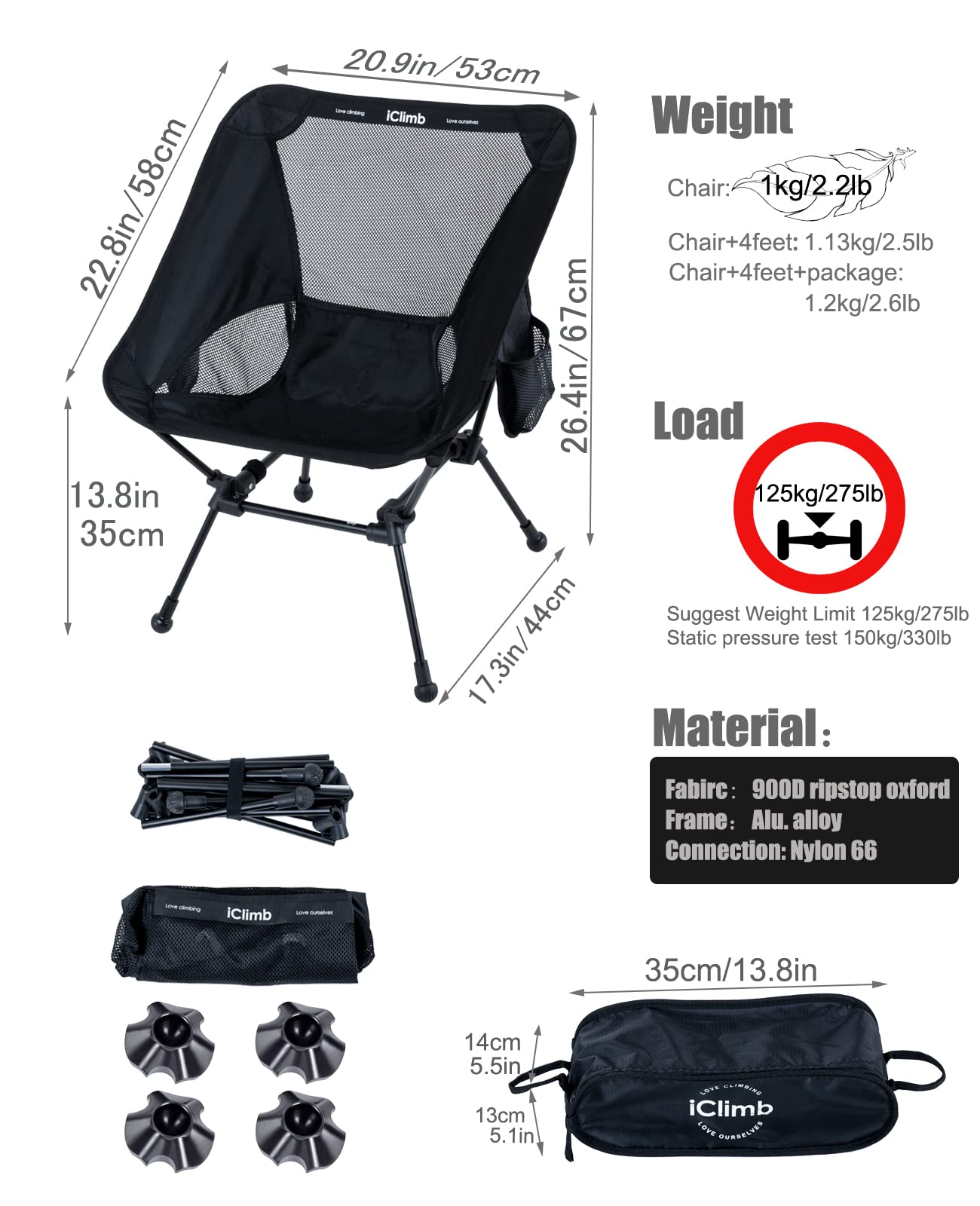 iClimb Ultralight Compact Camping Folding Beach Chair with Anti-Sinking Large Feet and Back Support Webbing (Black - Square Frame)