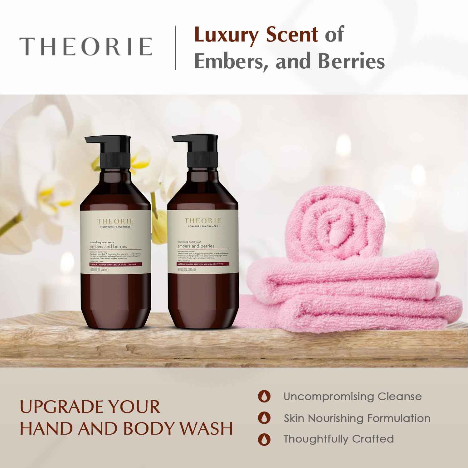 Theorie Embers and Berries Hand and Body Wash - Signature Fragrances Collection - Vegan, Luxury Soap with Notes of Saffron, Juniper Berry, Black Violet & Vetiver, Pump Bottle 400mL