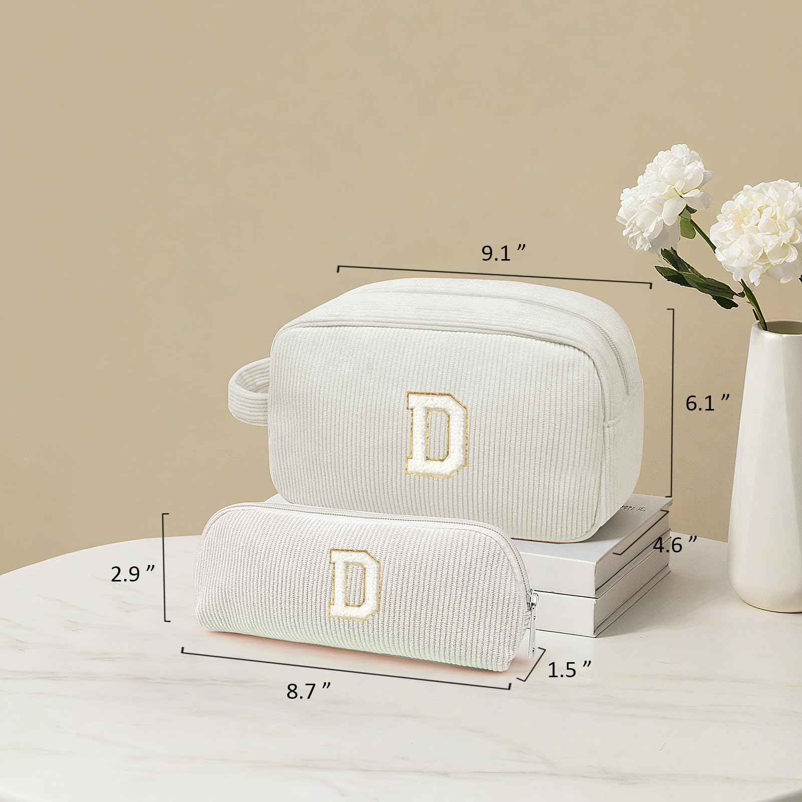 FFpaw 2PCS Initial Makeup Bag, Preppy Patch Cosmetic Bag for Purse Personalized Makeup Bag Organizer Travel Toiletry Bag Makeup Brushes Aesthetic Accessories Storage Bag for Women (White, D)
