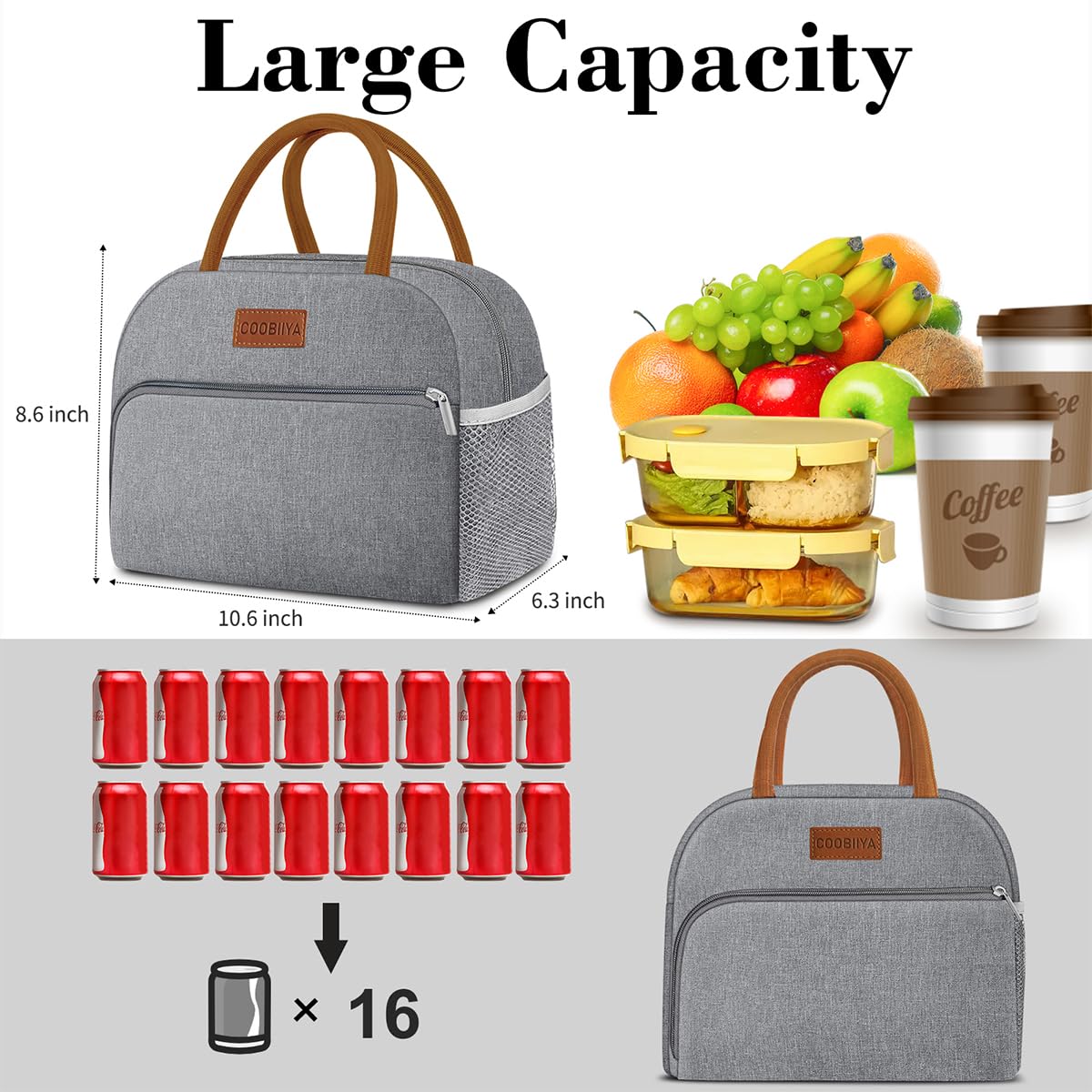 Coobiiya Lunch Bag Women, Lunch Box Lunch Bag for Women Adult Men, Small Leakproof Cute Lunch Tote Large Capacity Reusable Insulated Cooler Lunch Container for Work/Office/Picnic/Travel-Grey