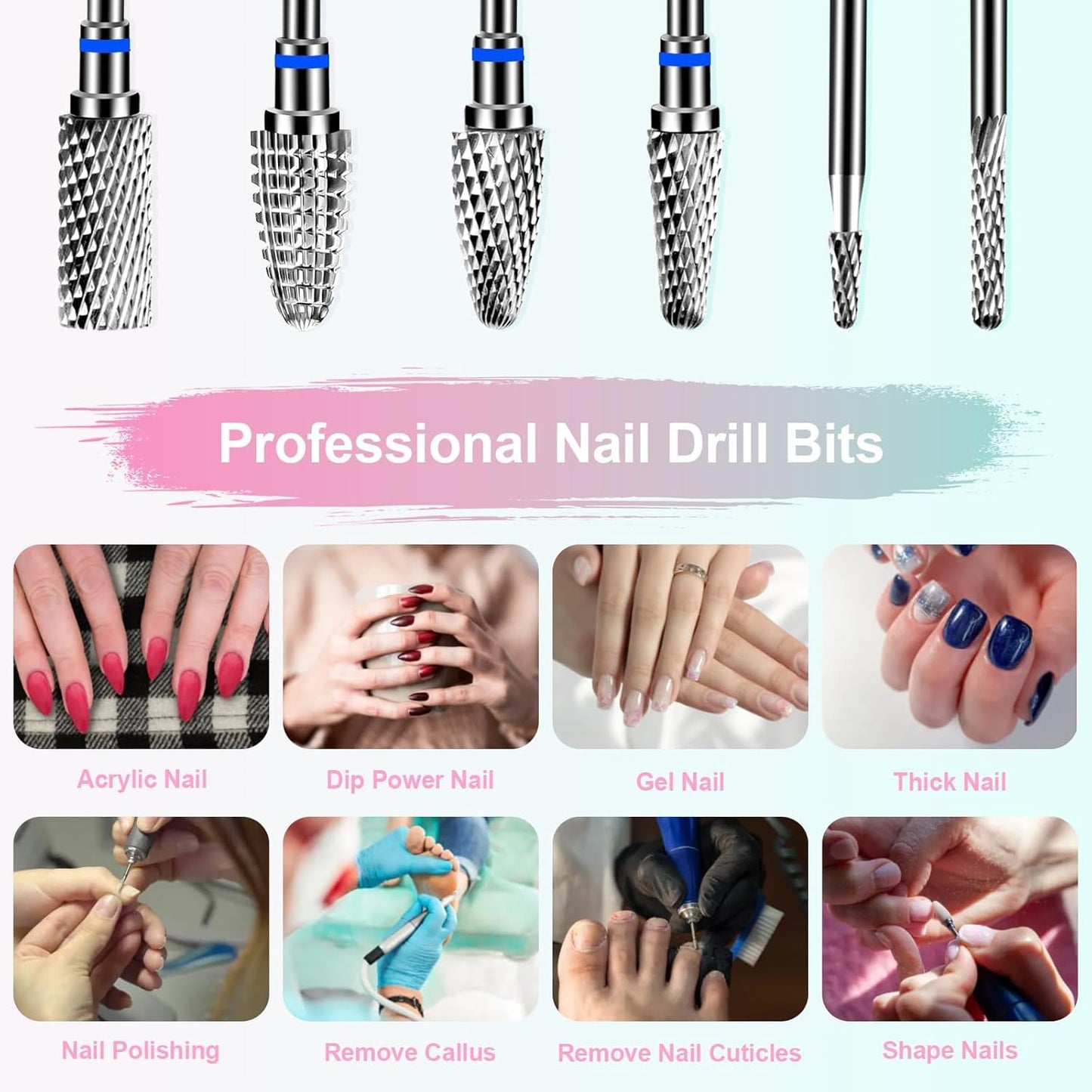 6Pcs Nail Drill Bits Set Professional, 3/32'' Electric Nail Drill Bits for Acrylic Gel Nails, Cuticle Nail Drill Bit Quick Gel Polish Remover Manicure Pedicure Tools with Cleaning Brush (Blue)