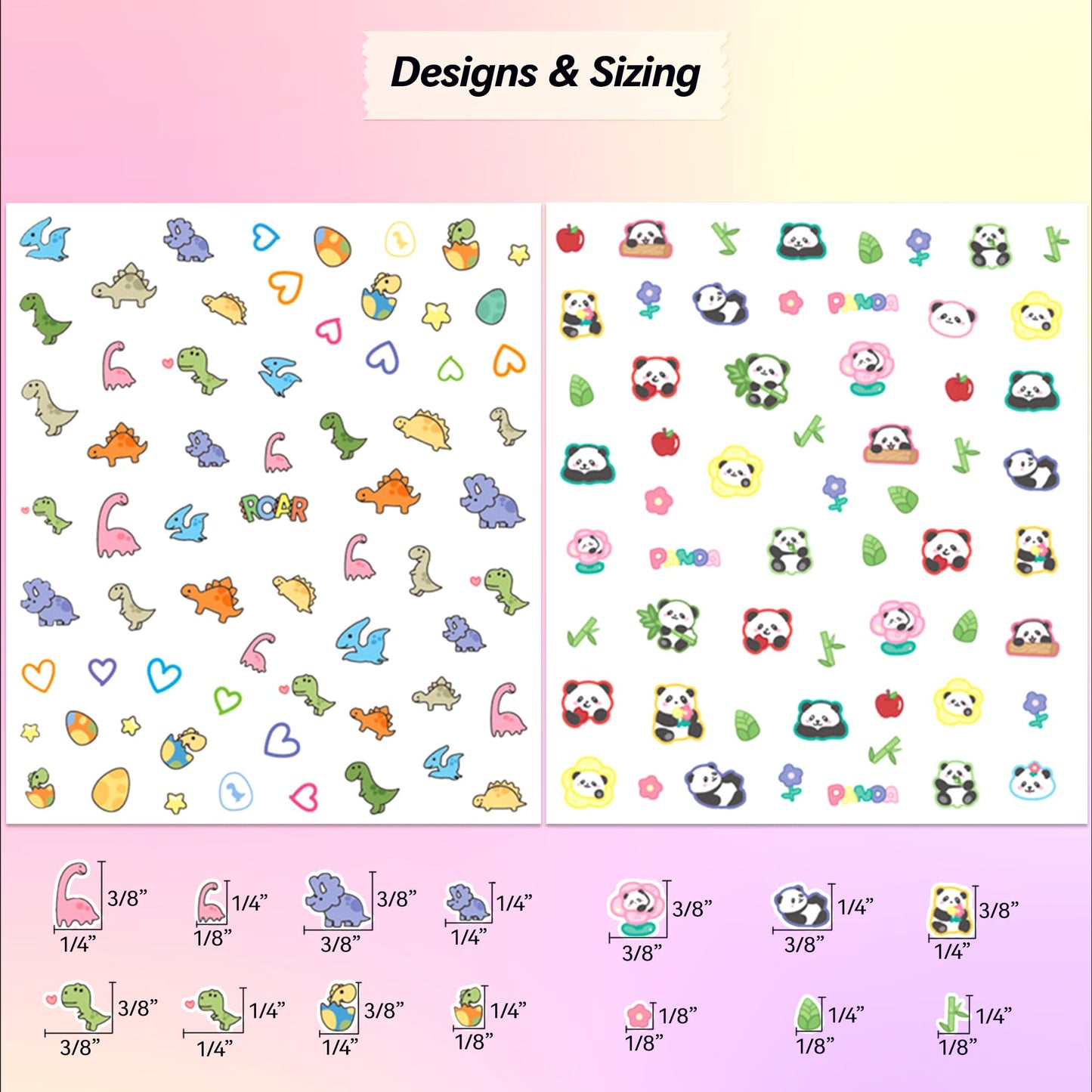 4 Sheets of 3D Nail Stickers - 292 Cute Nail Stickers - Embossed Nail Stickers for Kids | Kawaii Nail Stickers - Flowers, Hearts, Bunny, Panda, Dinosaurs | Glow in The Dark Kids Nail Stickers